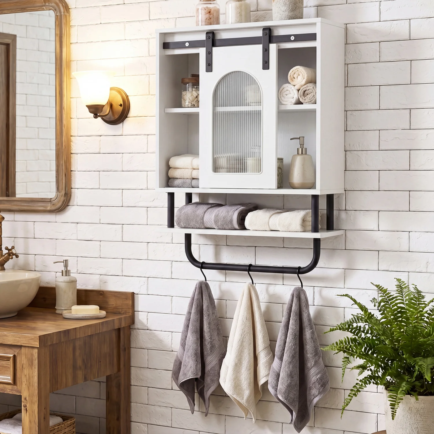 Bathroom Wall Cabinet, Sliding Barn Door, White - Image 3