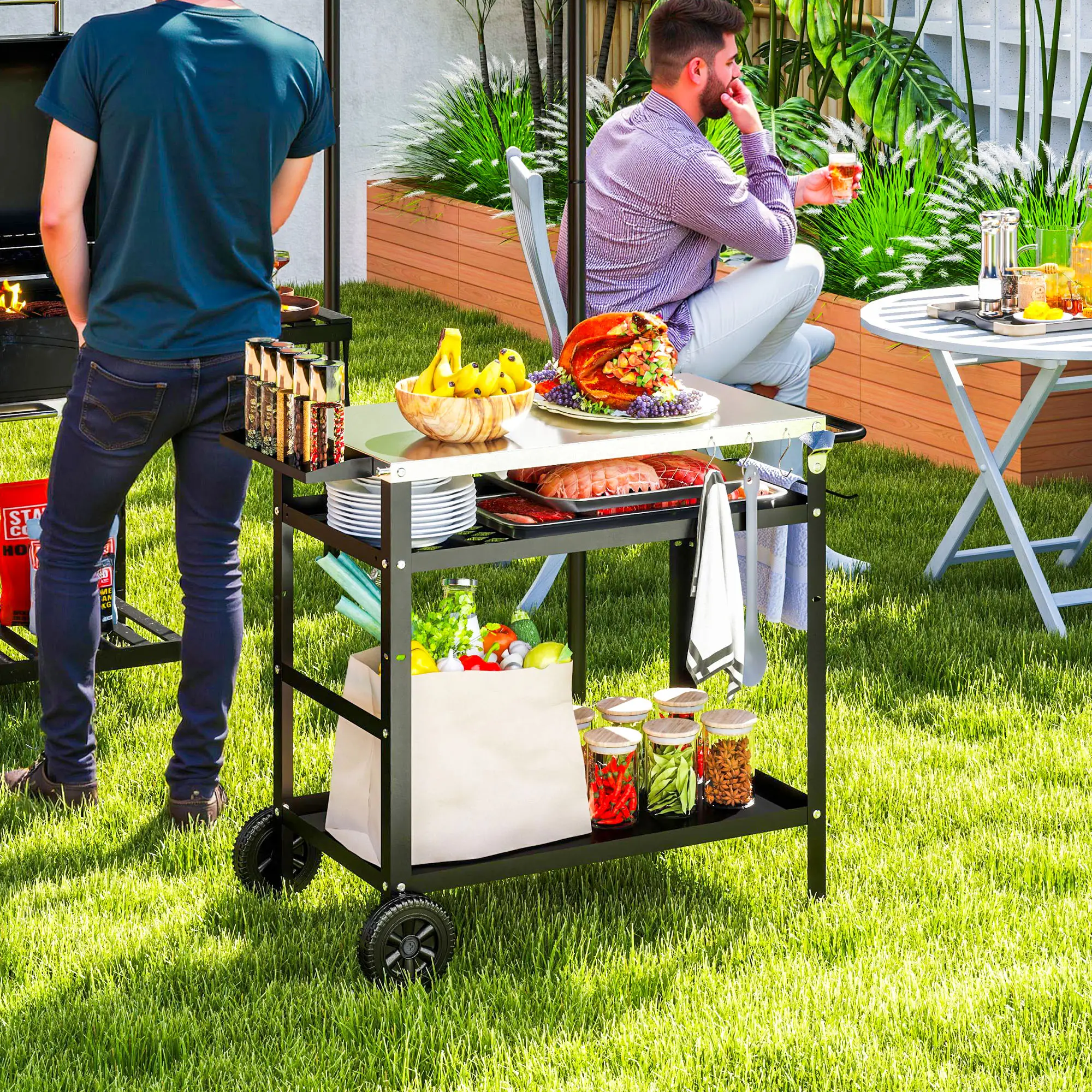 BBQ Stand With Stainless Steel Top, Adjustable Shelf, Hooks, Seasoning Tray - Image 2