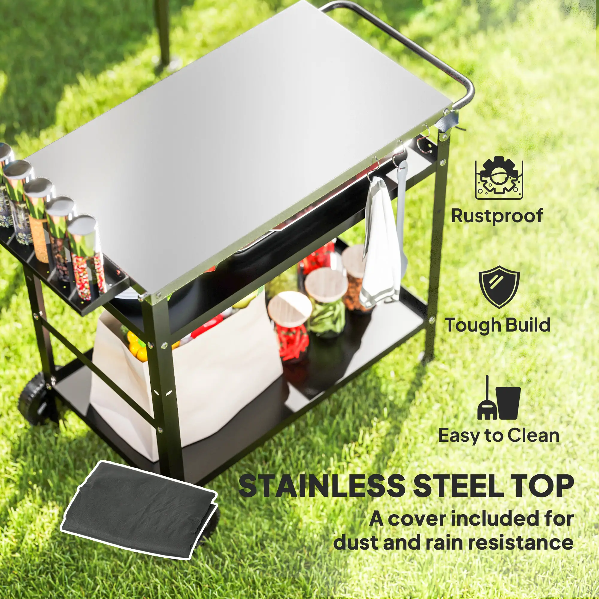 BBQ Stand With Stainless Steel Top, Adjustable Shelf, Hooks, Seasoning Tray - Image 4