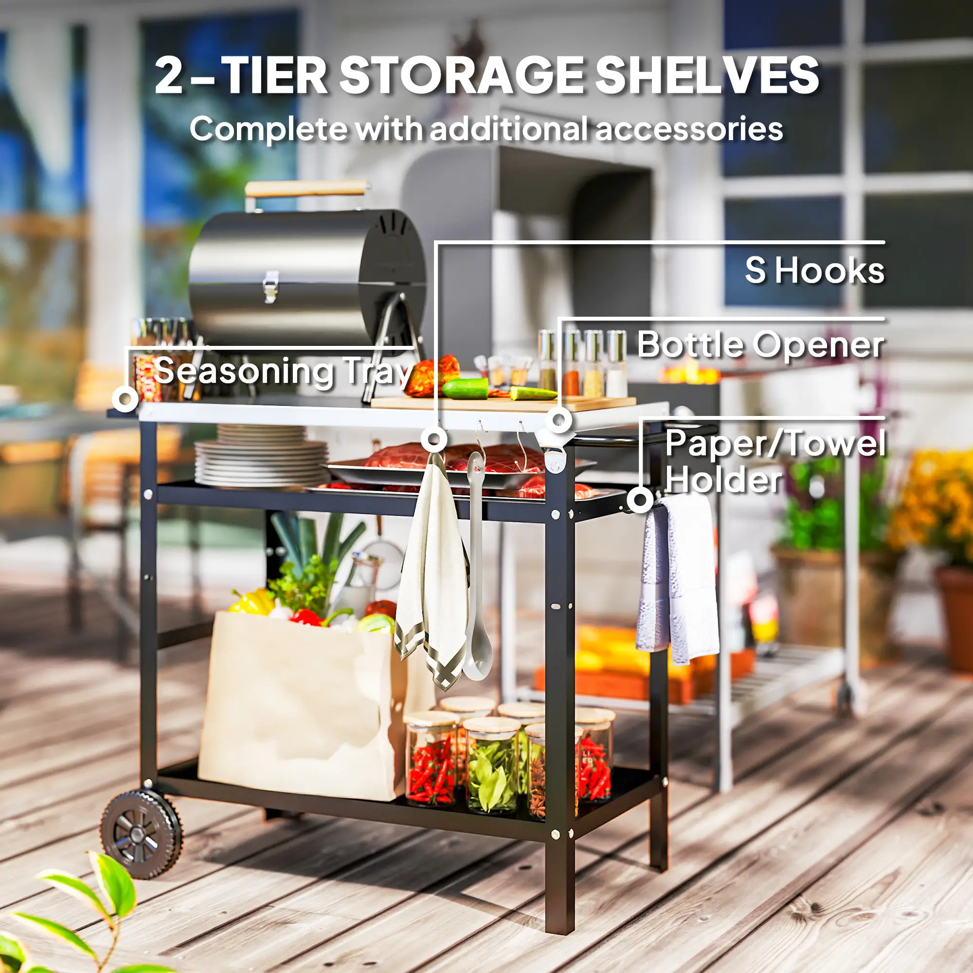 BBQ Stand With Stainless Steel Top, Adjustable Shelf, Hooks, Seasoning Tray - Image 5
