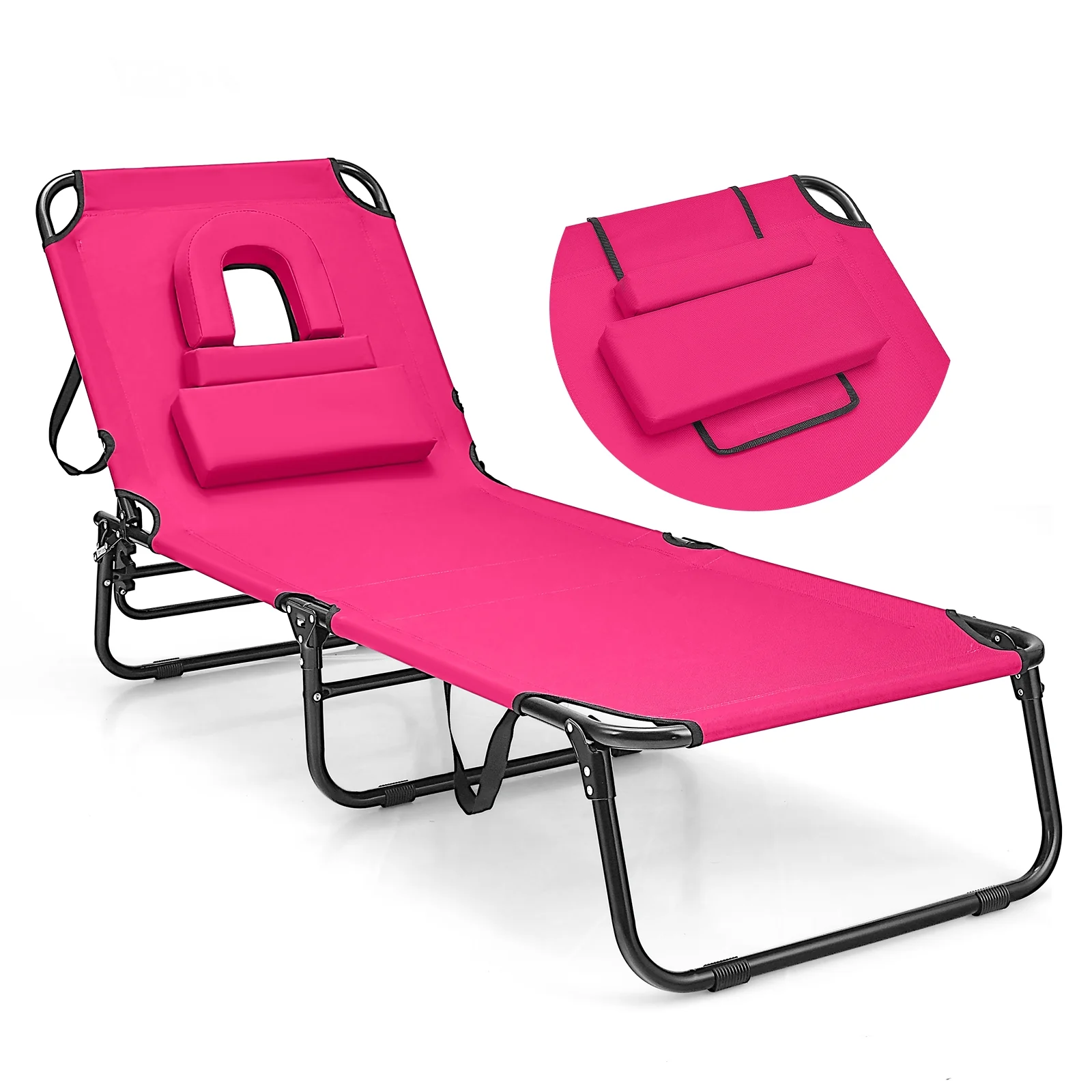 Beach Chaise Lounge Chair With Face Hole, Removable Pillow, Pink