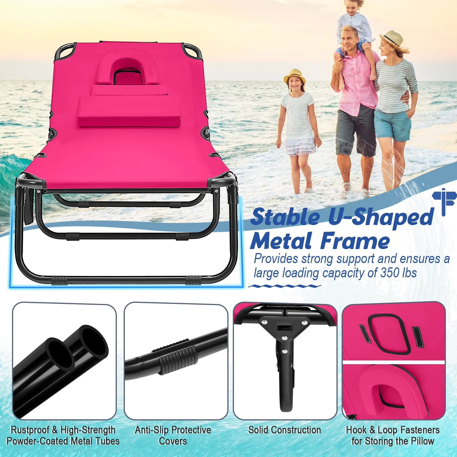 Beach Chaise Lounge Chair With Face Hole, Removable Pillow, Pink - Image 10
