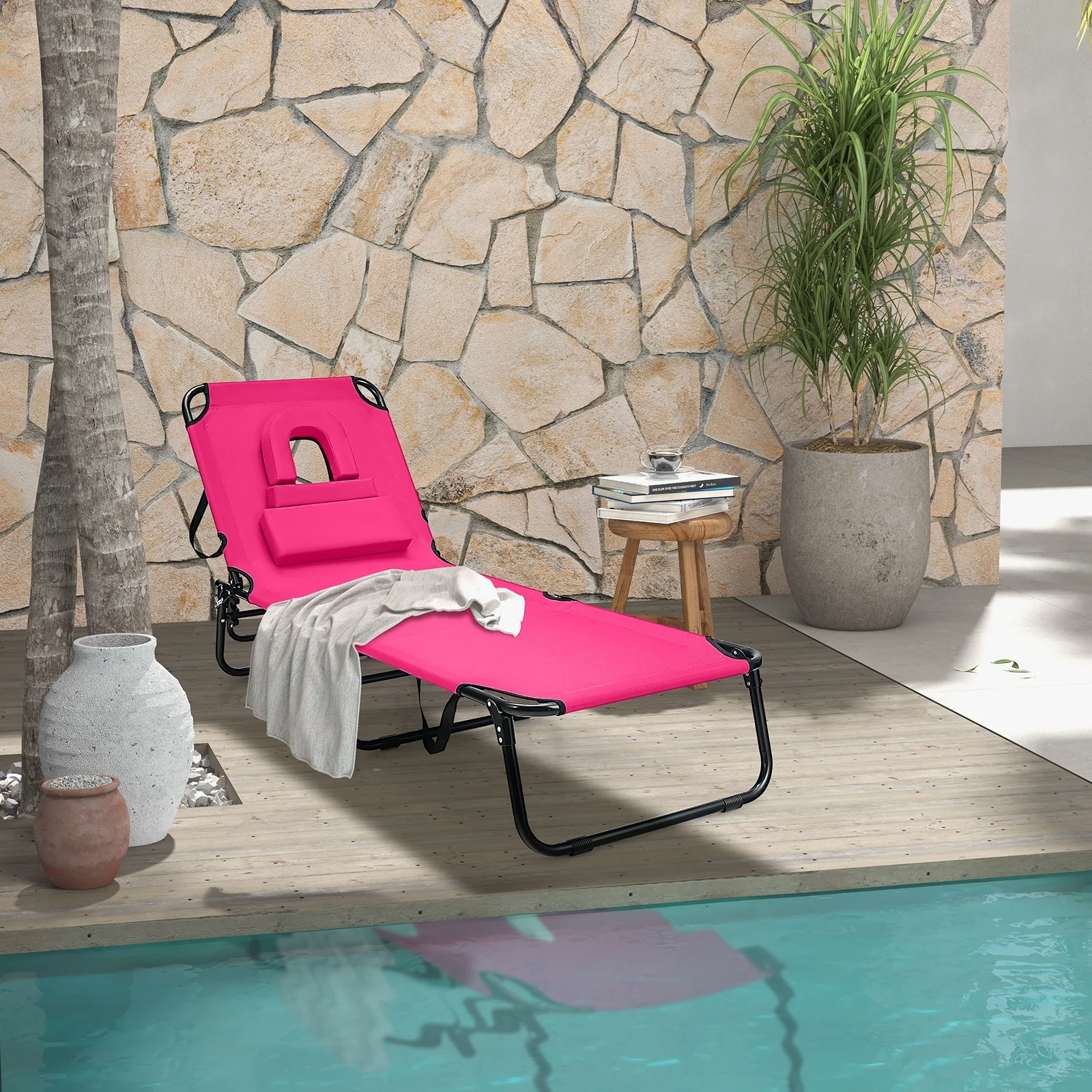 Beach Chaise Lounge Chair With Face Hole, Removable Pillow, Pink - Image 2
