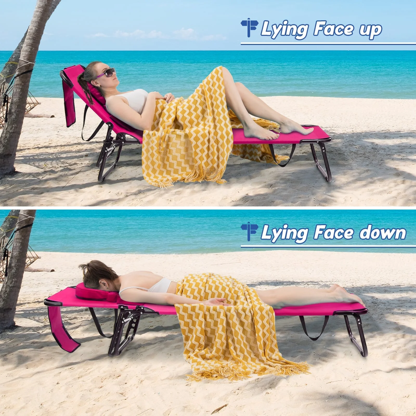 Beach Chaise Lounge Chair With Face Hole, Removable Pillow, Pink - Image 3