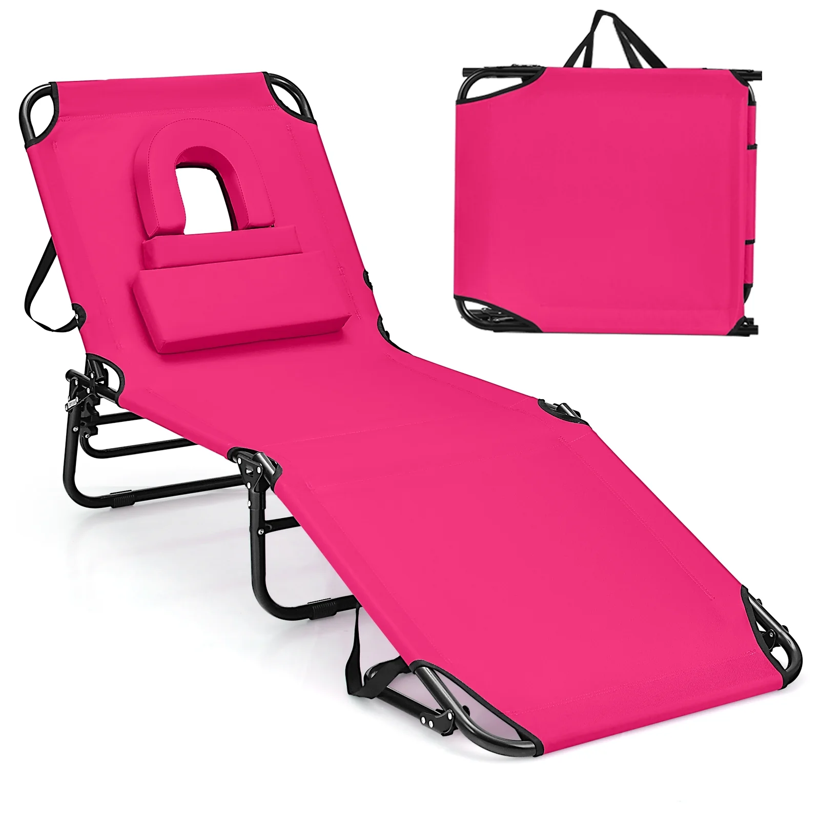 Beach Chaise Lounge Chair With Face Hole, Removable Pillow, Pink - Image 5