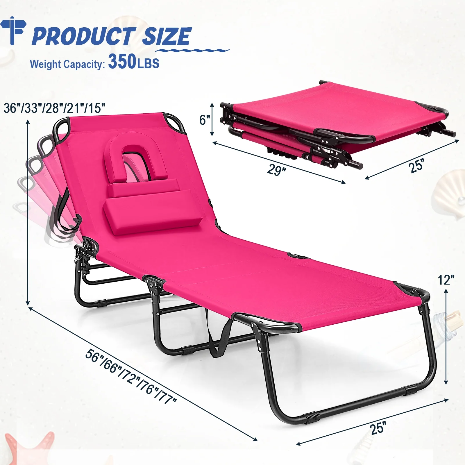 Beach Chaise Lounge Chair With Face Hole, Removable Pillow, Pink - Image 6