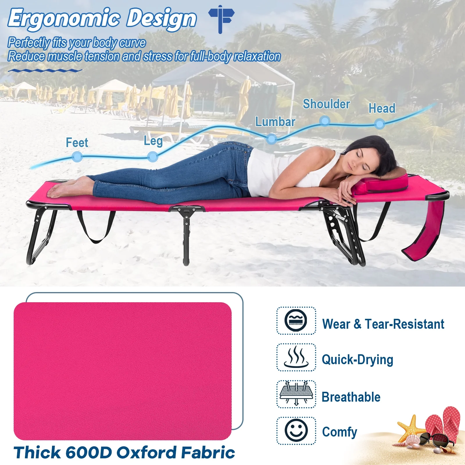 Beach Chaise Lounge Chair With Face Hole, Removable Pillow, Pink - Image 7