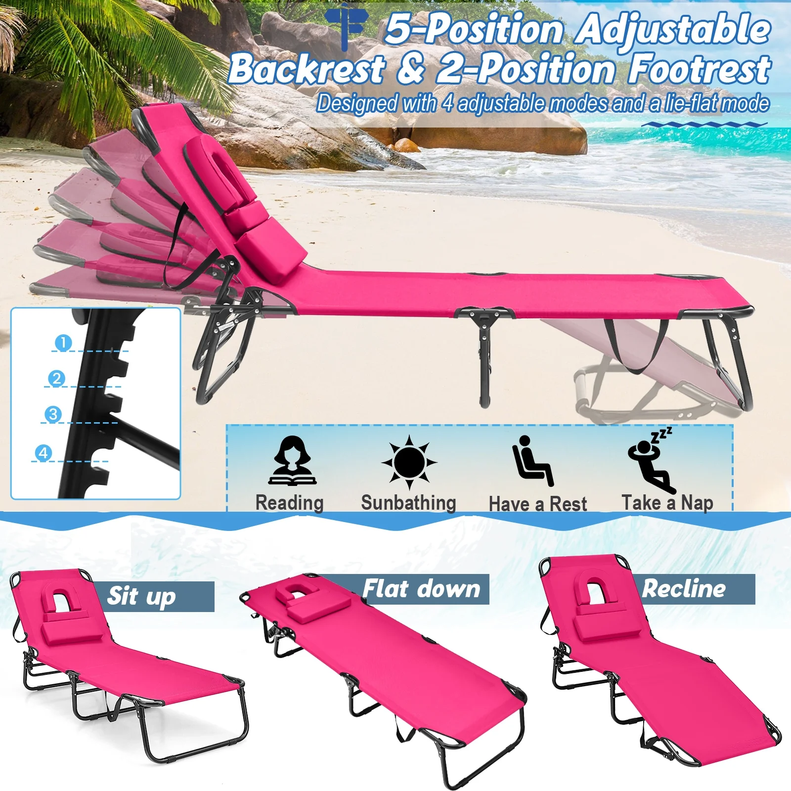 Beach Chaise Lounge Chair With Face Hole, Removable Pillow, Pink - Image 8