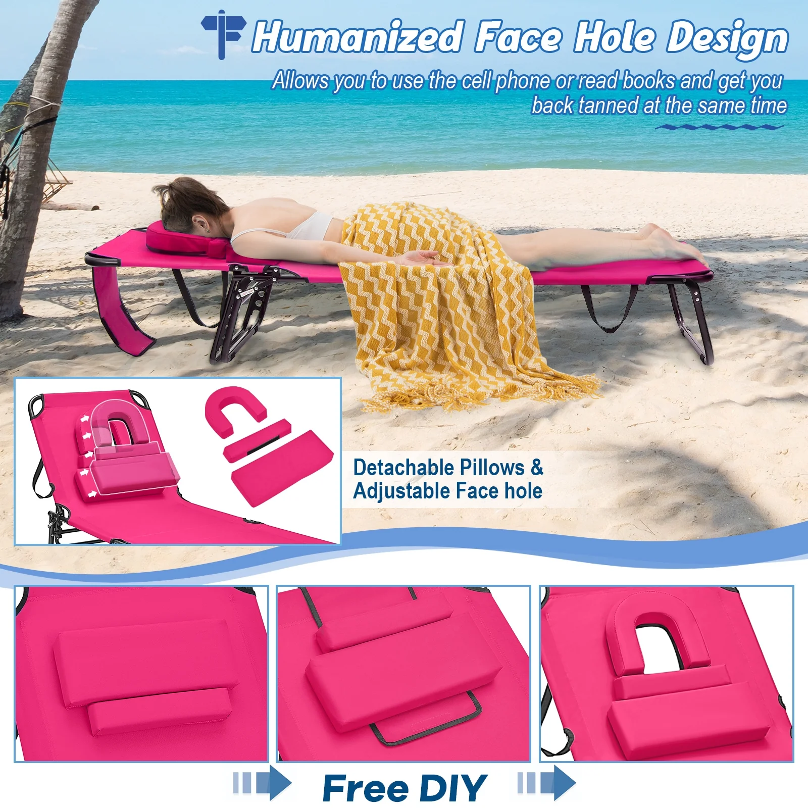 Beach Chaise Lounge Chair With Face Hole, Removable Pillow, Pink - Image 9