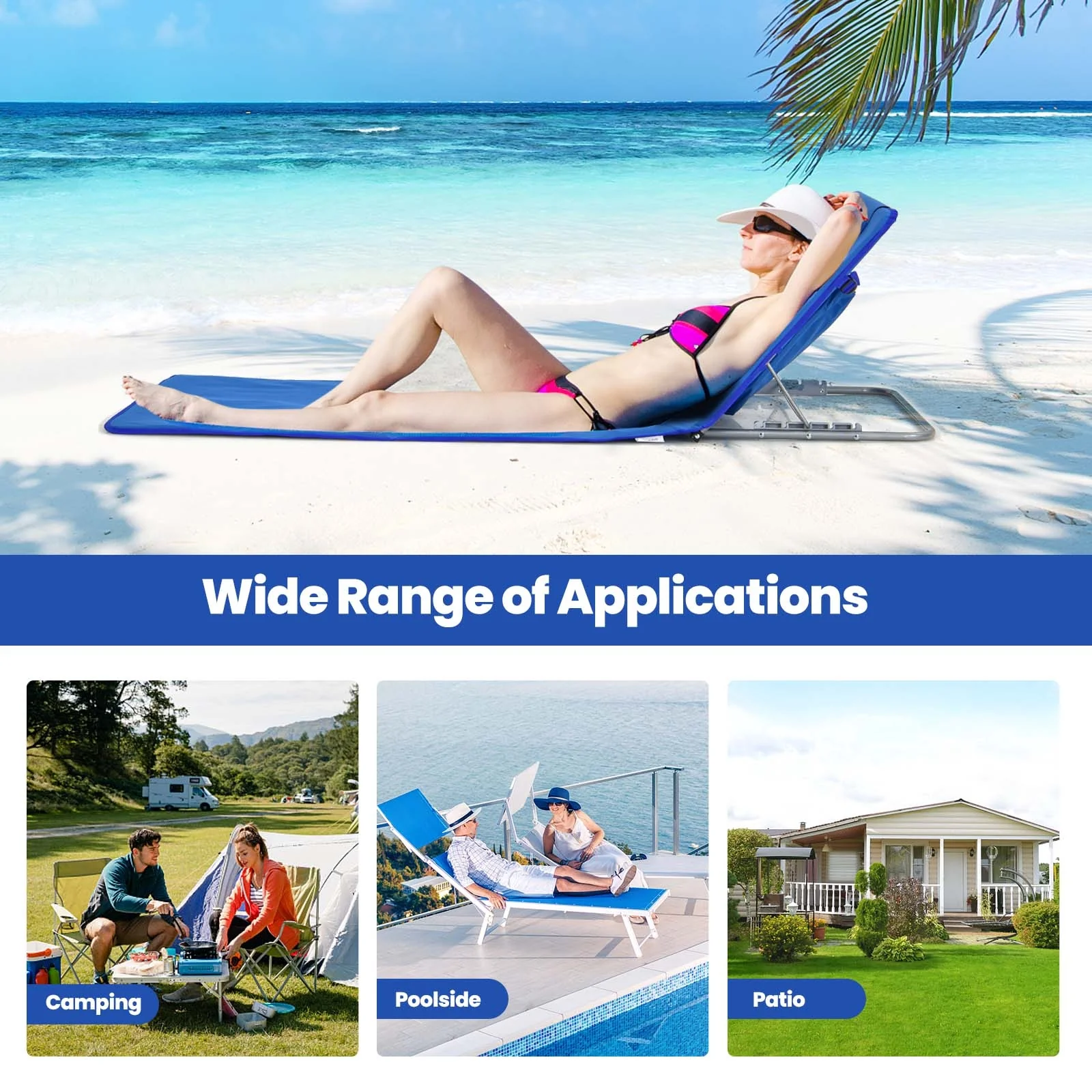 Beach Lounge Chair Mat Set, 3 Pieces, 2 Adjustable Chairs With Table, Blue - Image 10