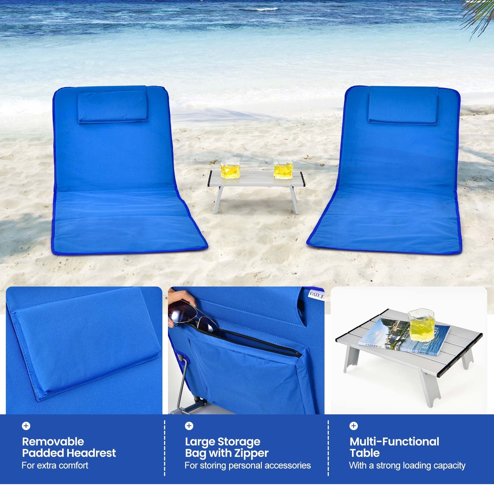 Beach Lounge Chair Mat Set, 3 Pieces, 2 Adjustable Chairs With Table, Blue - Image 3