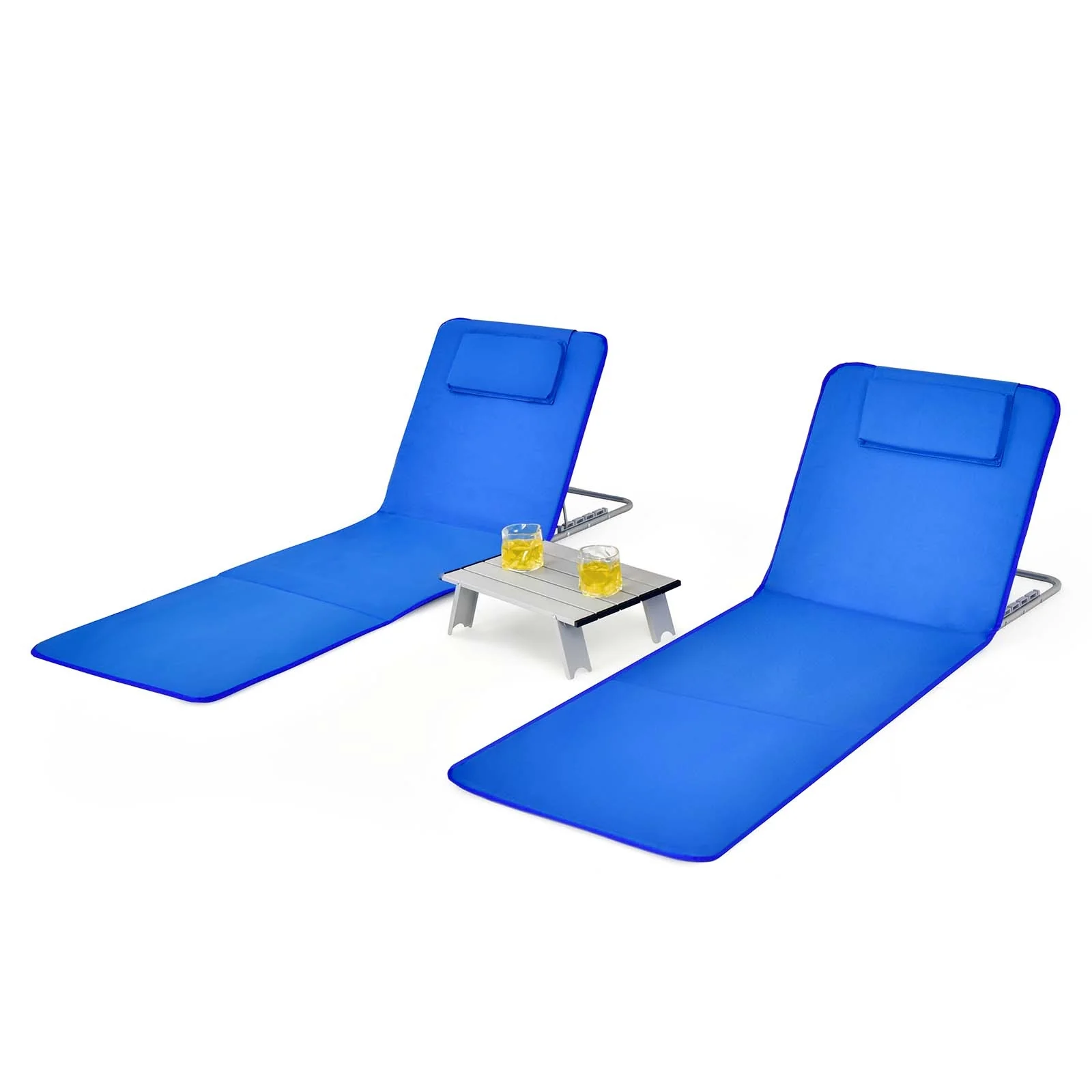 Beach Lounge Chair Mat Set, 3 Pieces, 2 Adjustable Chairs With Table, Blue - Image 4