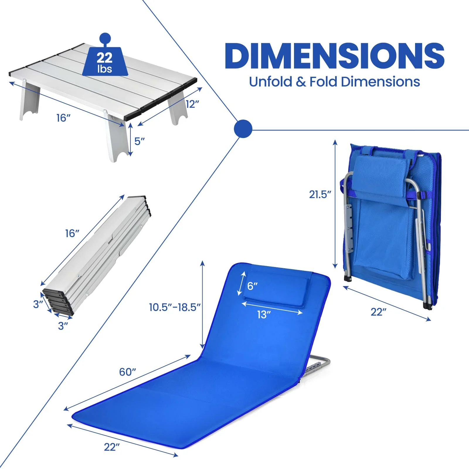 Beach Lounge Chair Mat Set, 3 Pieces, 2 Adjustable Chairs With Table, Blue - Image 5