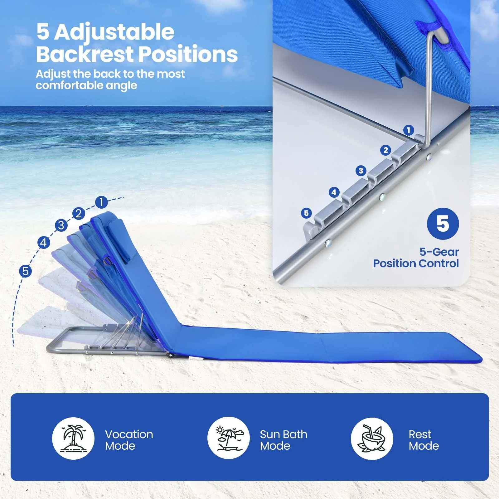 Beach Lounge Chair Mat Set, 3 Pieces, 2 Adjustable Chairs With Table, Blue - Image 6