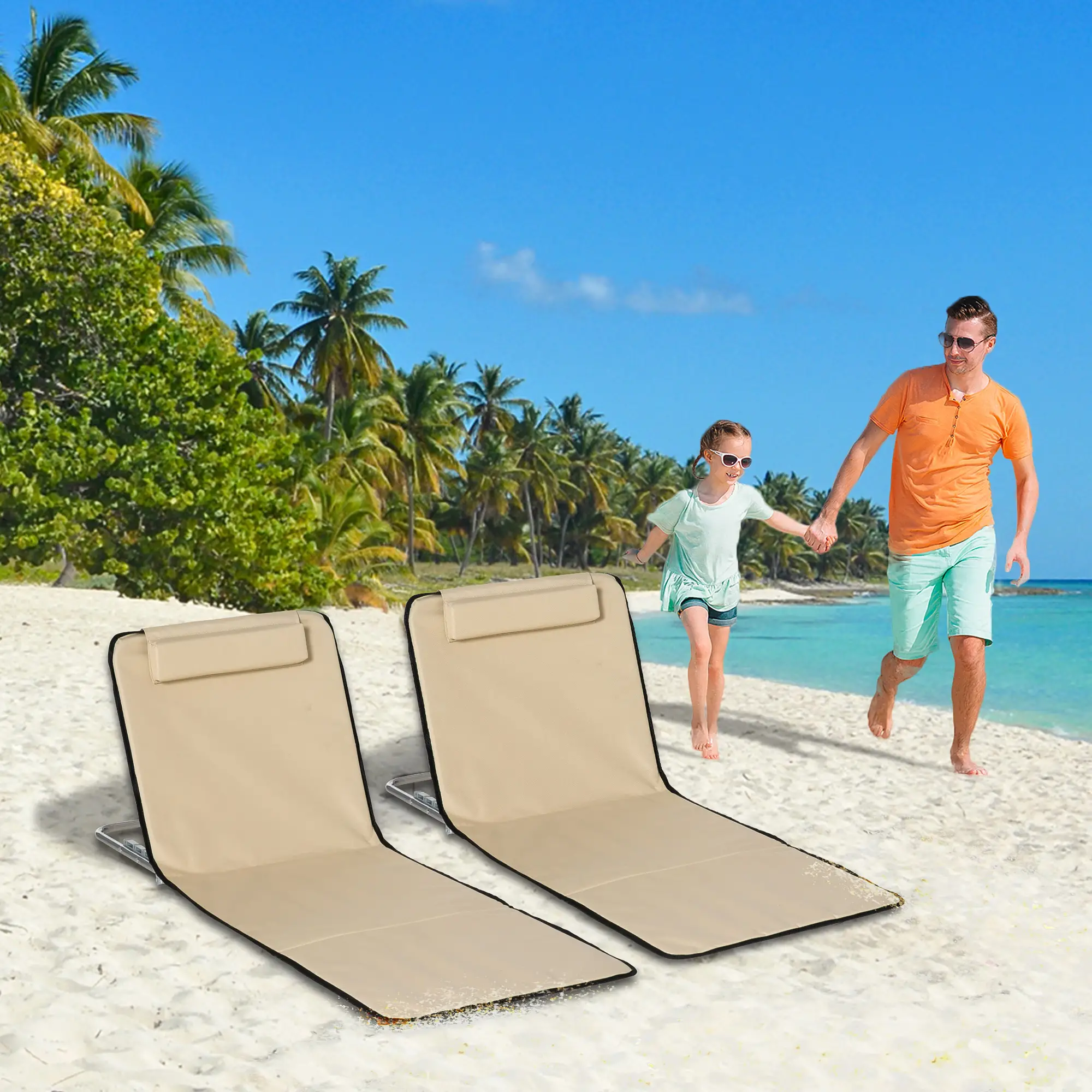 Beach Lounge Chair Set, 2 Pieces, Folding Chaise, Beige - Image 8