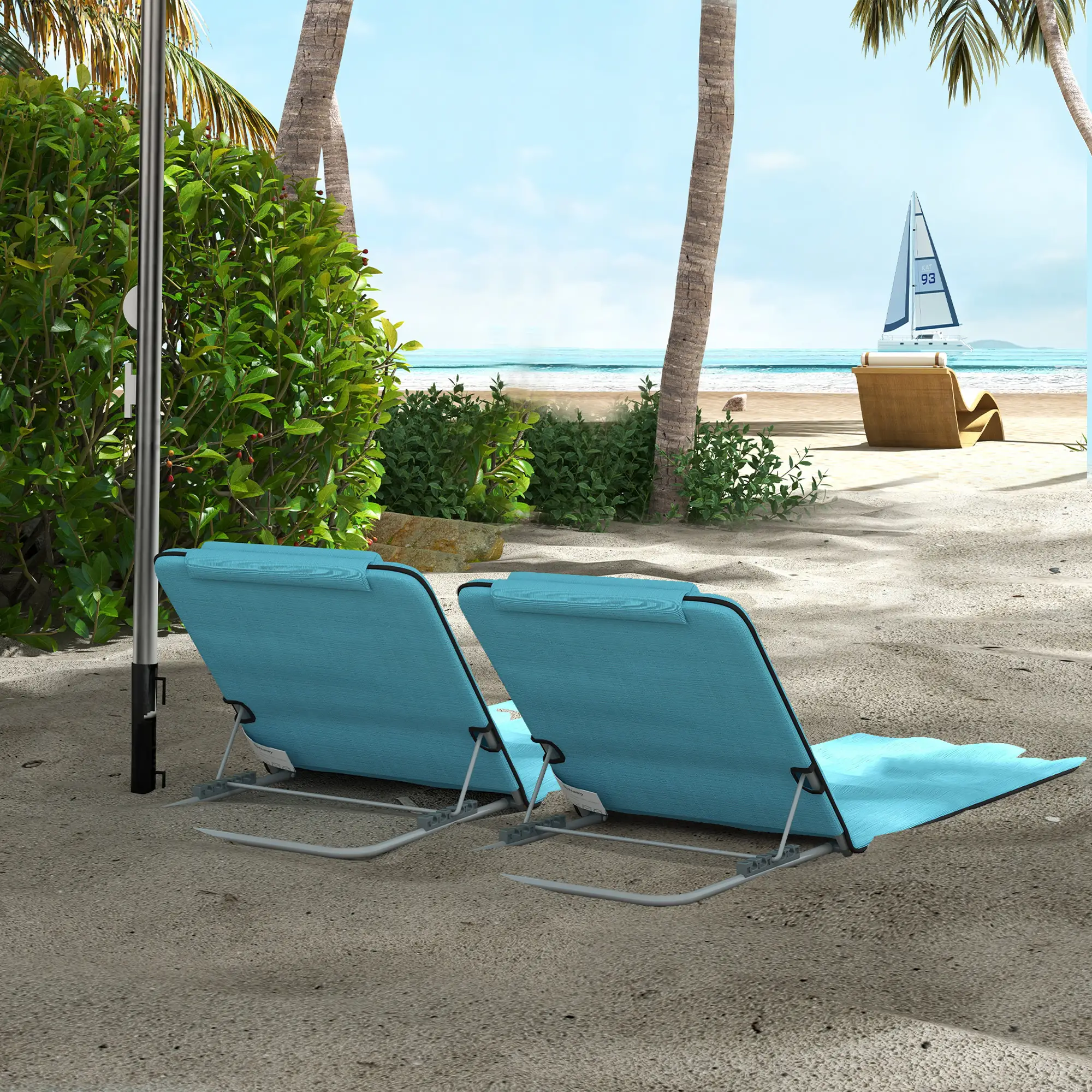 Beach Lounge Chair Set, 2 Pieces, Folding Chaise, Blue - Image 8