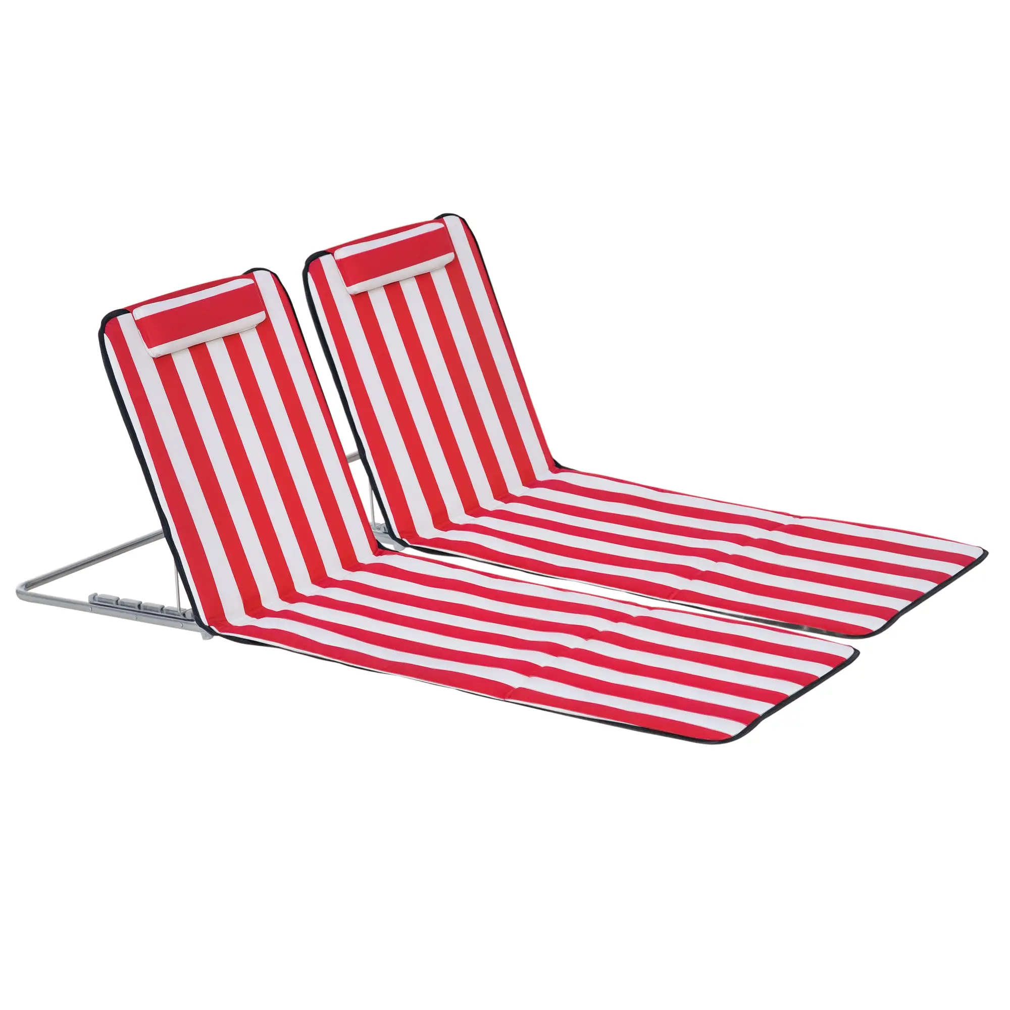 Beach Lounge Chair Set, Folding Mat w/ Adjustable Back, Steel Frame, Head Pillow, Carry Bag, Red and White