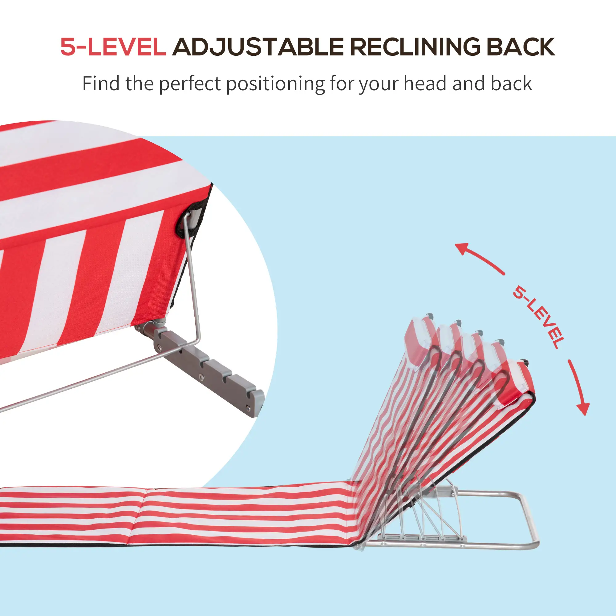 Beach Lounge Chair Set, Folding Mat w/ Adjustable Back, Steel Frame, Head Pillow, Carry Bag, Red and White - Image 4