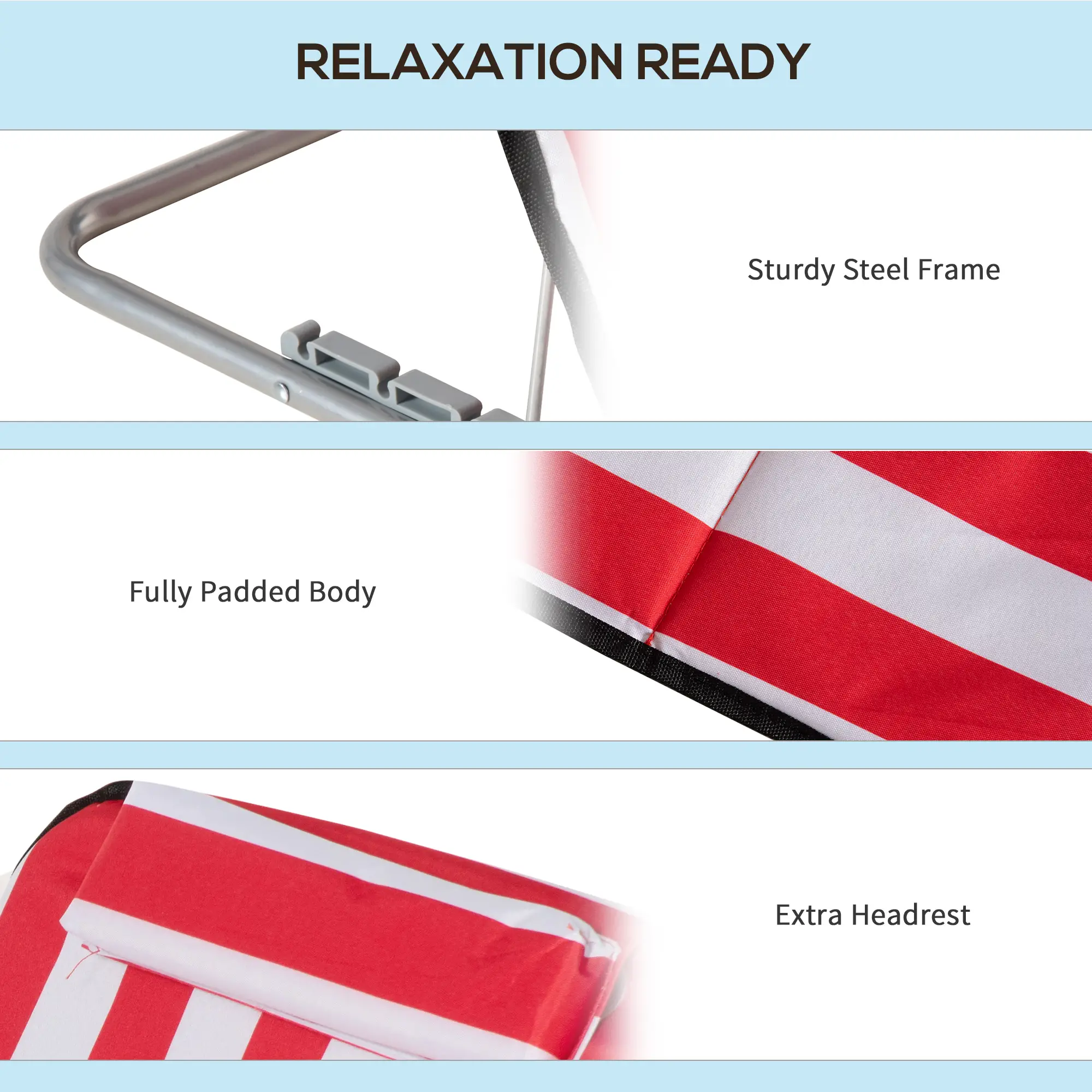 Beach Lounge Chair Set, Folding Mat w/ Adjustable Back, Steel Frame, Head Pillow, Carry Bag, Red and White - Image 6
