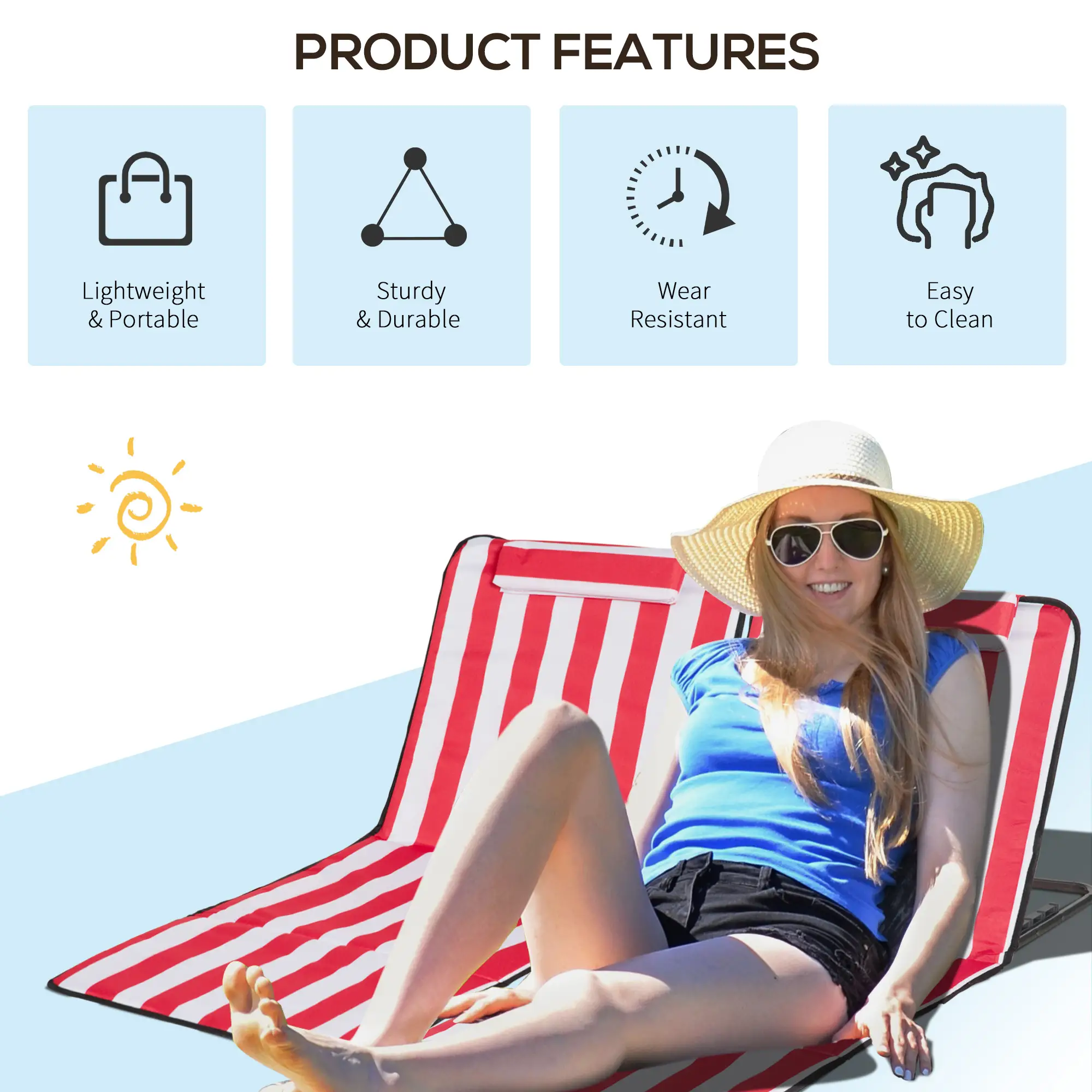 Beach Lounge Chair Set, Folding Mat w/ Adjustable Back, Steel Frame, Head Pillow, Carry Bag, Red and White - Image 7