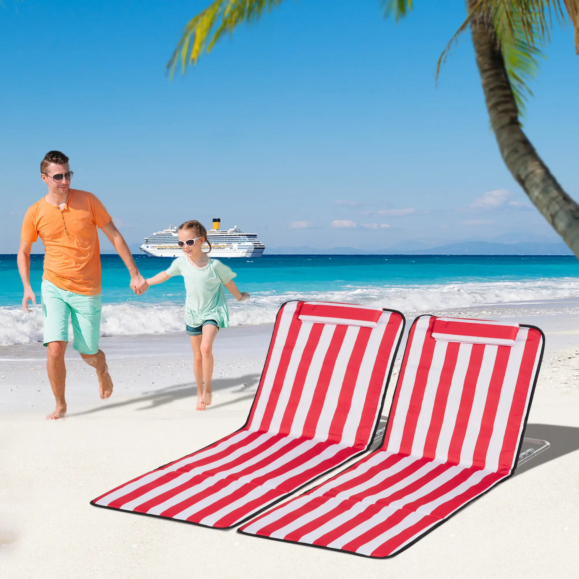 Beach Lounge Chair Set, Folding Mat w/ Adjustable Back, Steel Frame, Head Pillow, Carry Bag, Red and White - Image 8