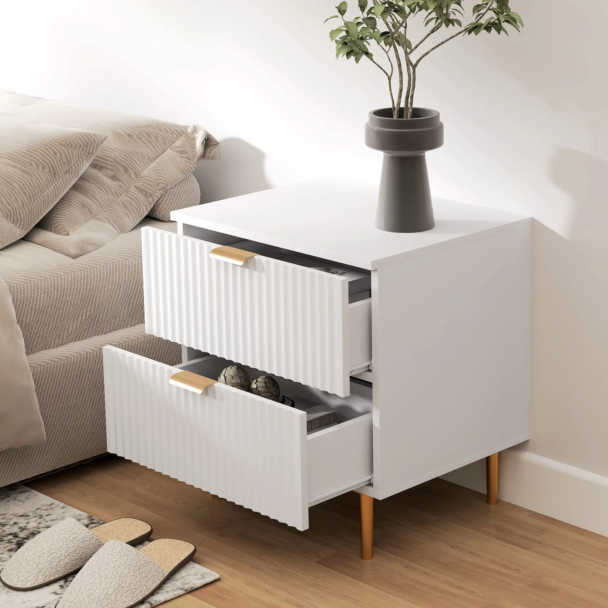 Bedside Table, Modern Nightstand with 2 Drawers, Side End Table with Metal Legs for Living Room, Bedroom, White - Image 10