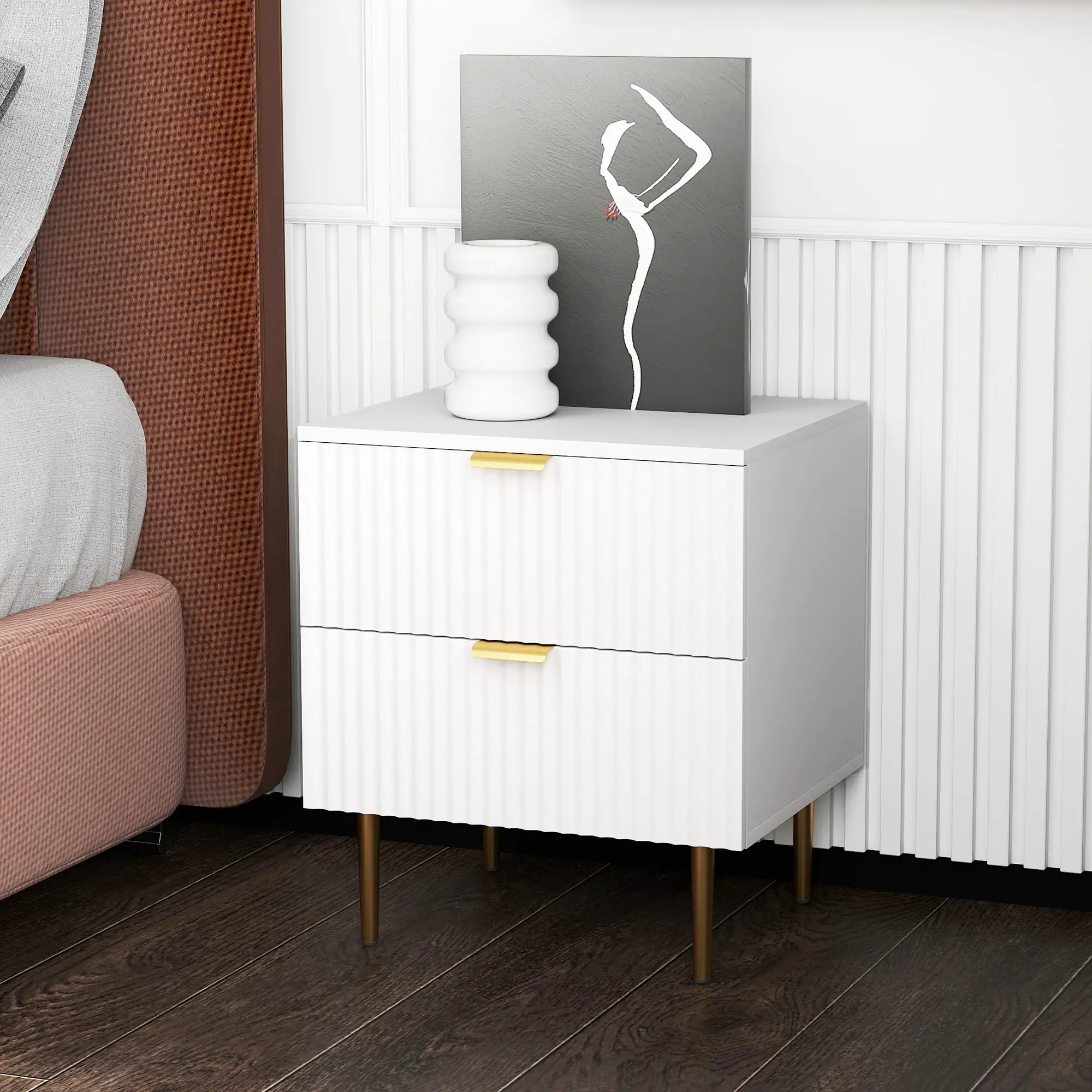 Bedside Table, Modern Nightstand with 2 Drawers, Side End Table with Metal Legs for Living Room, Bedroom, White - Image 2