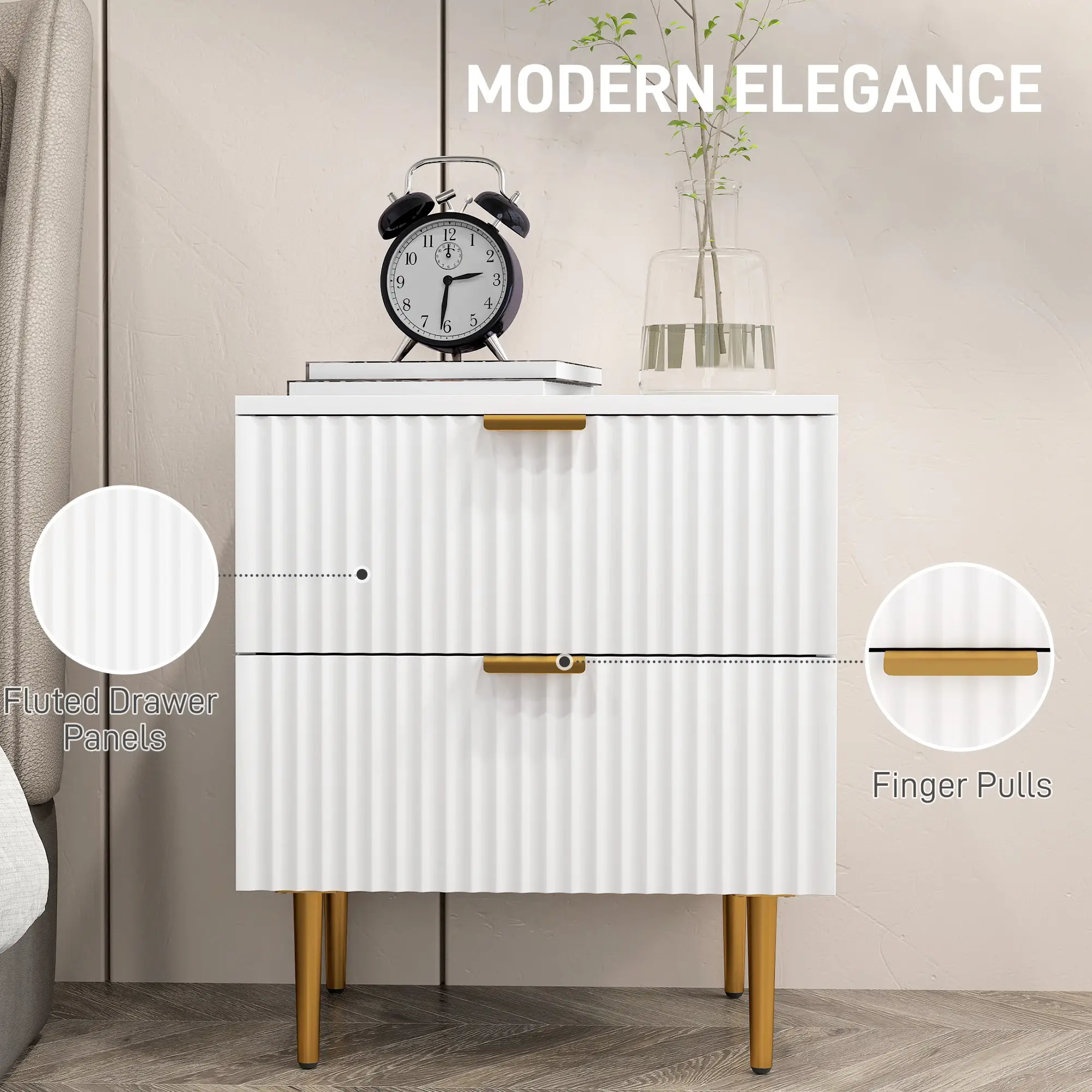 Bedside Table, Modern Nightstand with 2 Drawers, Side End Table with Metal Legs for Living Room, Bedroom, White - Image 4