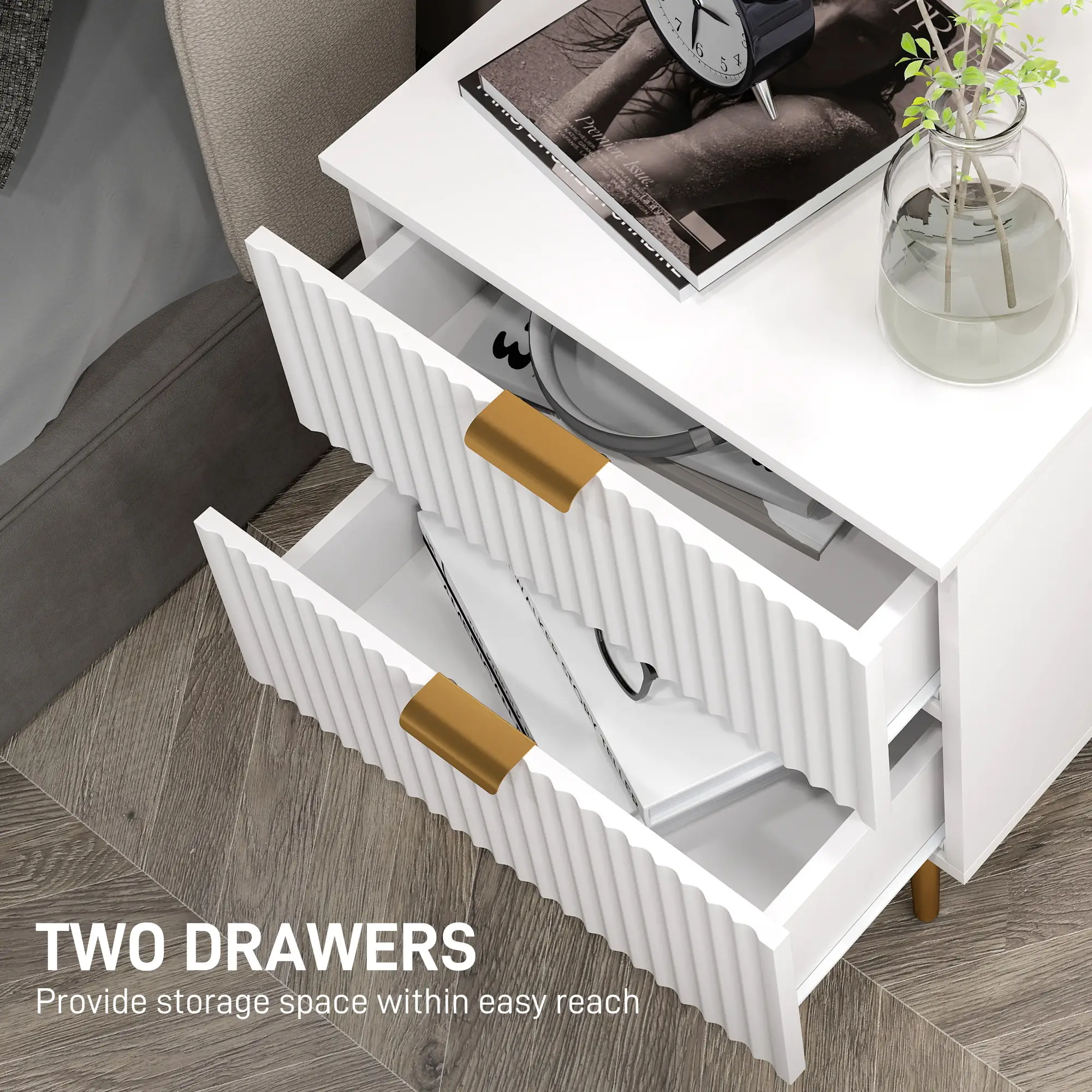 Bedside Table, Modern Nightstand with 2 Drawers, Side End Table with Metal Legs for Living Room, Bedroom, White - Image 5