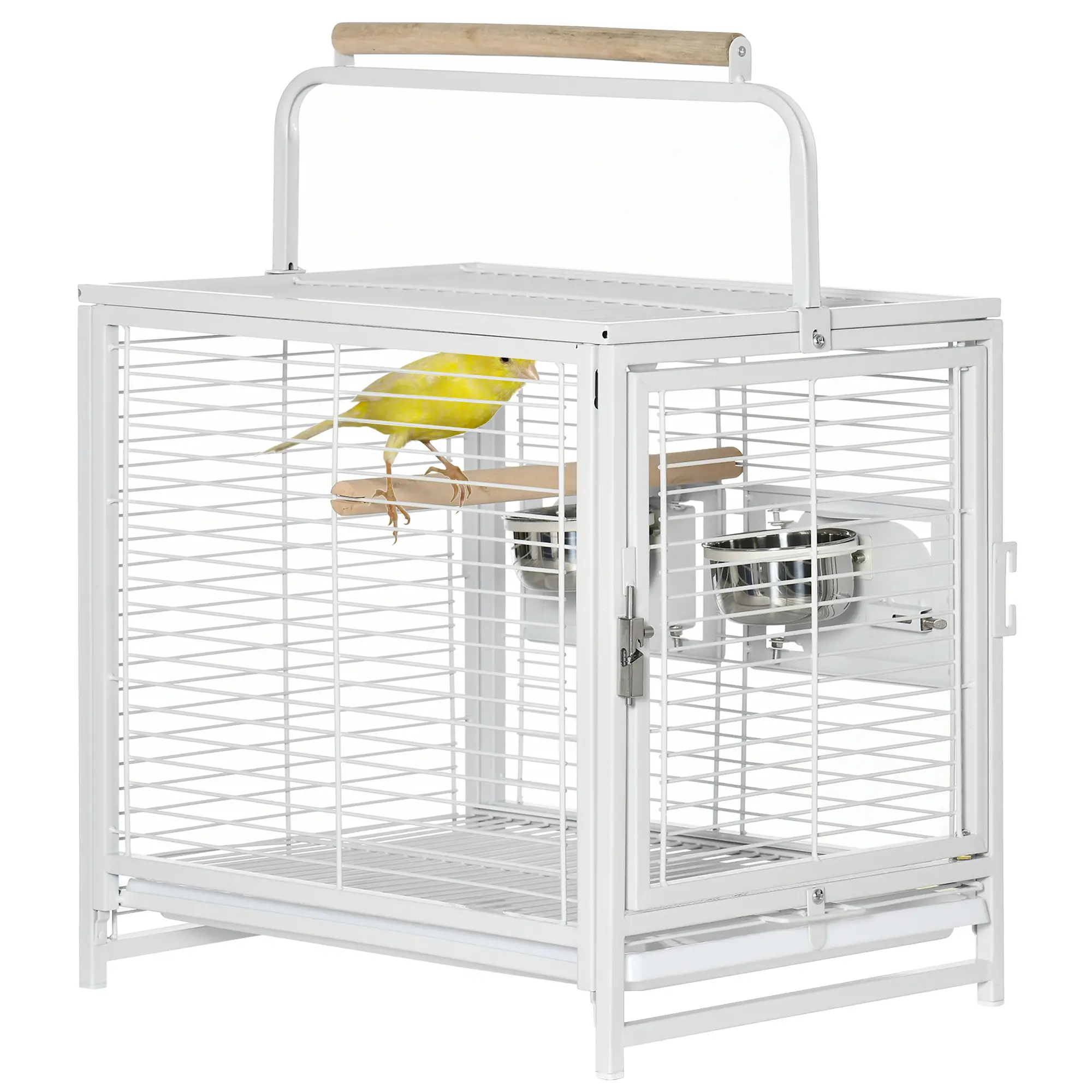 Bird Travel Carrier Cage, With Stand Perch, Stainless Steel Bowls, Pull Out Tray, White - Image 11