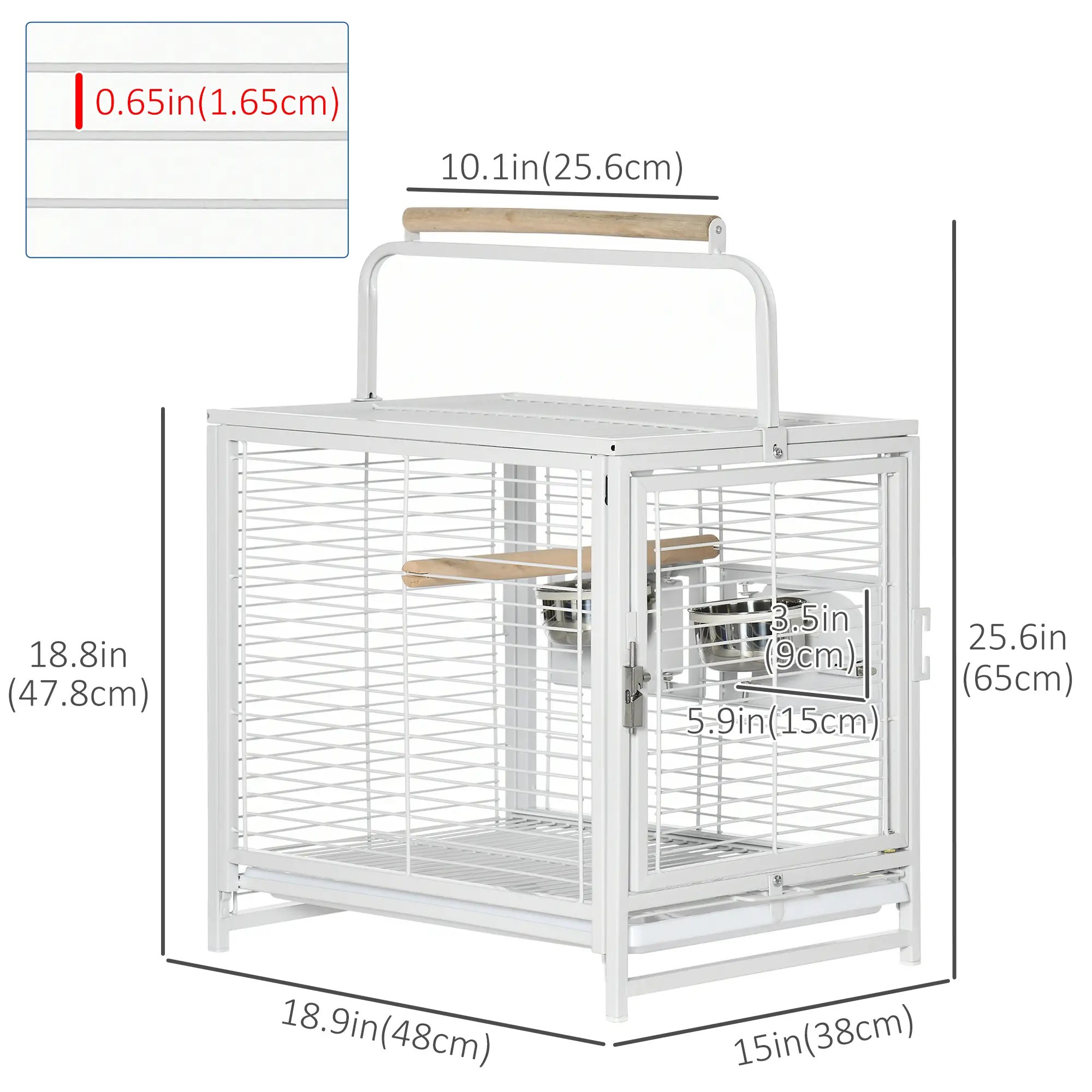 Bird Travel Carrier Cage, With Stand Perch, Stainless Steel Bowls, Pull Out Tray, White - Image 3