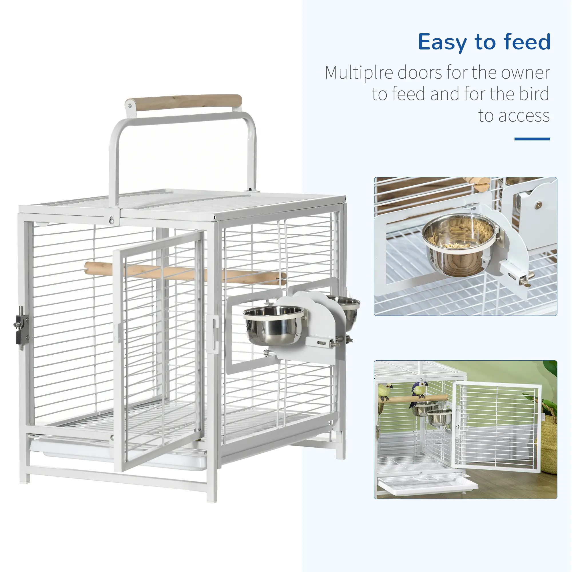 Bird Travel Carrier Cage, With Stand Perch, Stainless Steel Bowls, Pull Out Tray, White - Image 5
