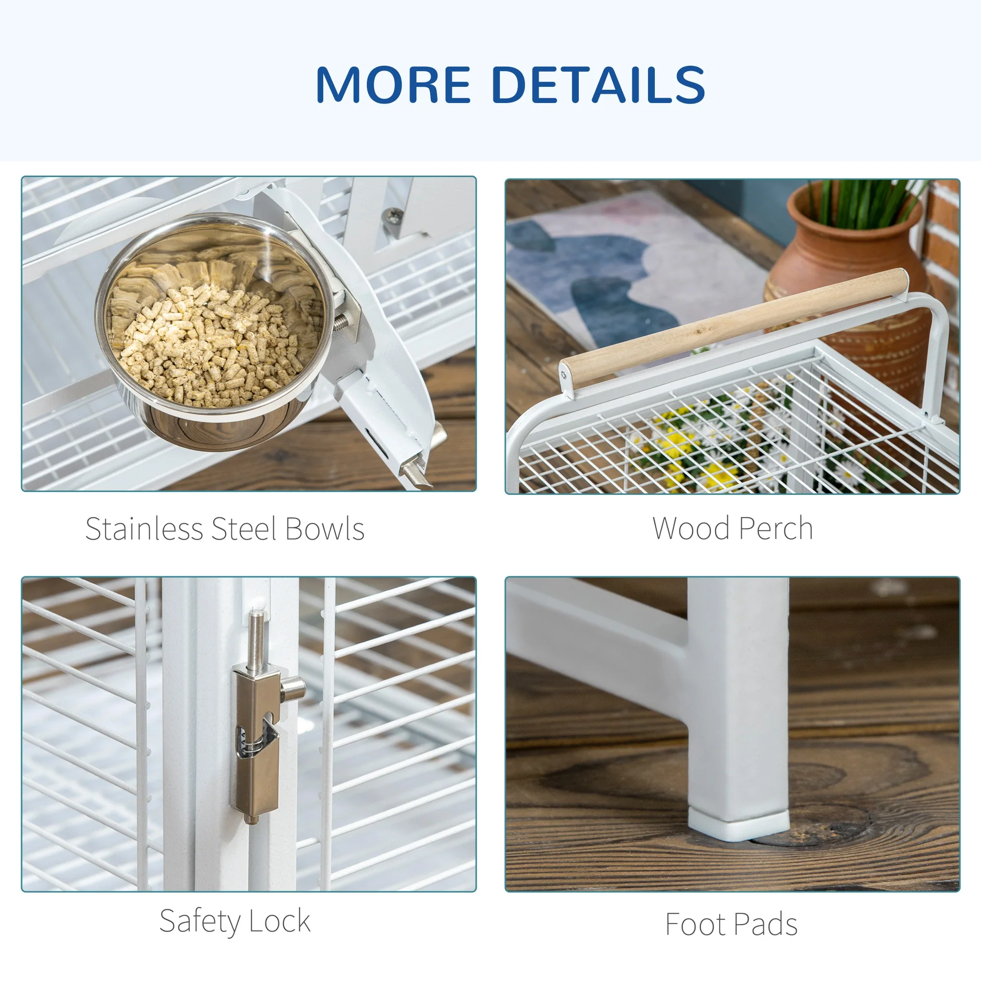 Bird Travel Carrier Cage, With Stand Perch, Stainless Steel Bowls, Pull Out Tray, White - Image 6