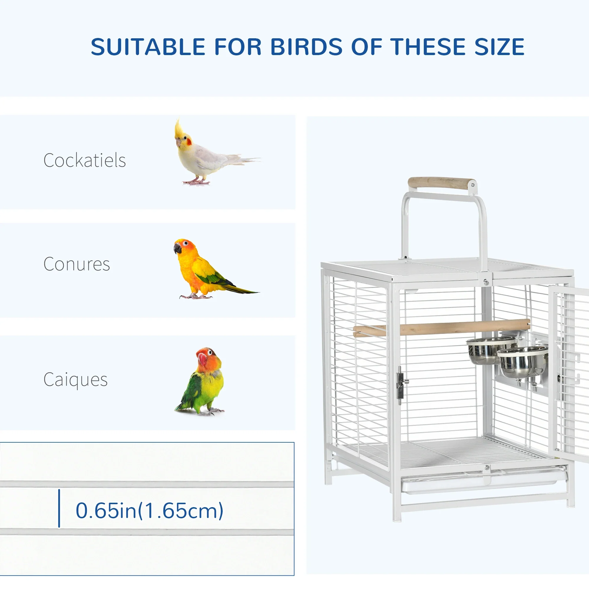 Bird Travel Carrier Cage, With Stand Perch, Stainless Steel Bowls, Pull Out Tray, White - Image 7