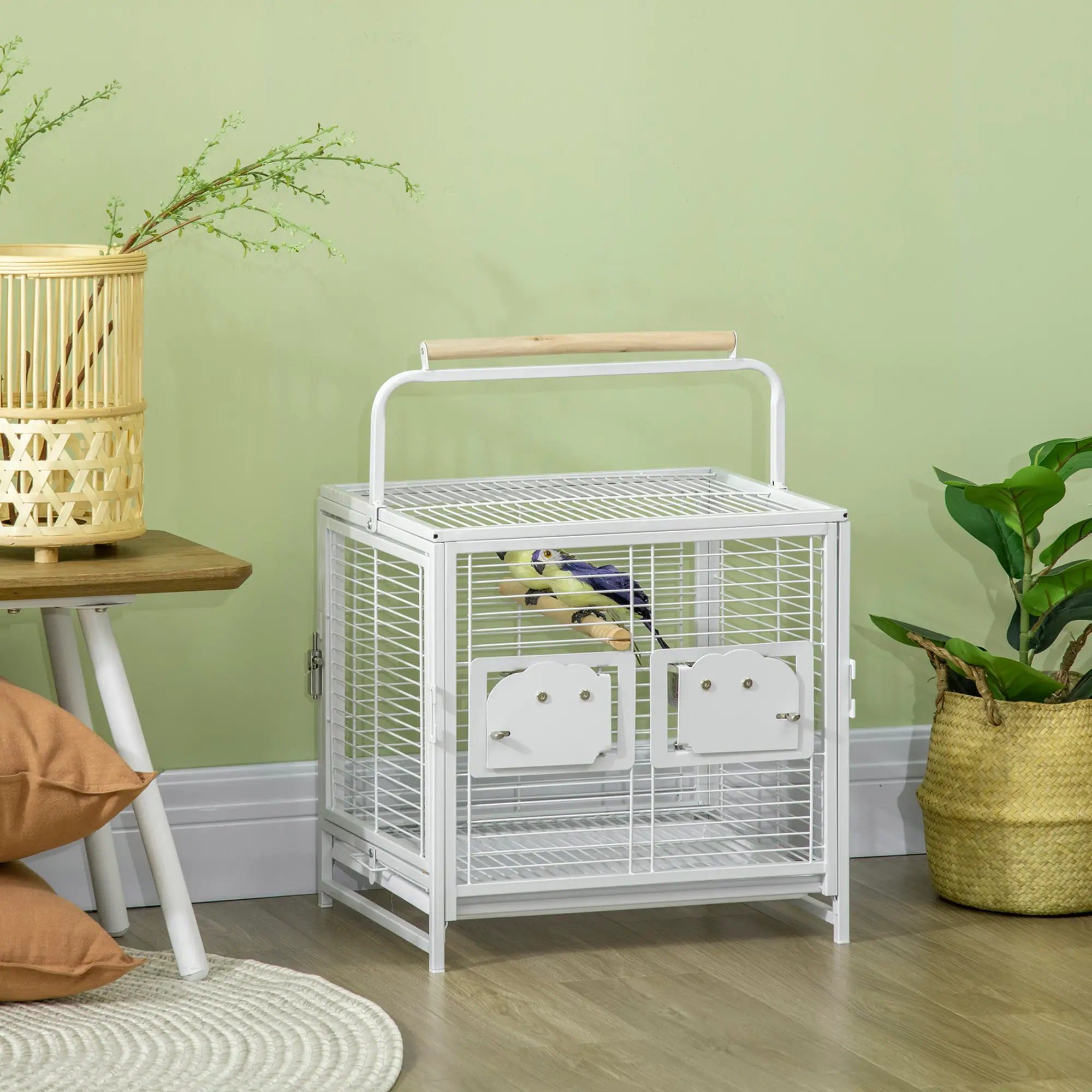 Bird Travel Carrier Cage, With Stand Perch, Stainless Steel Bowls, Pull Out Tray, White - Image 8