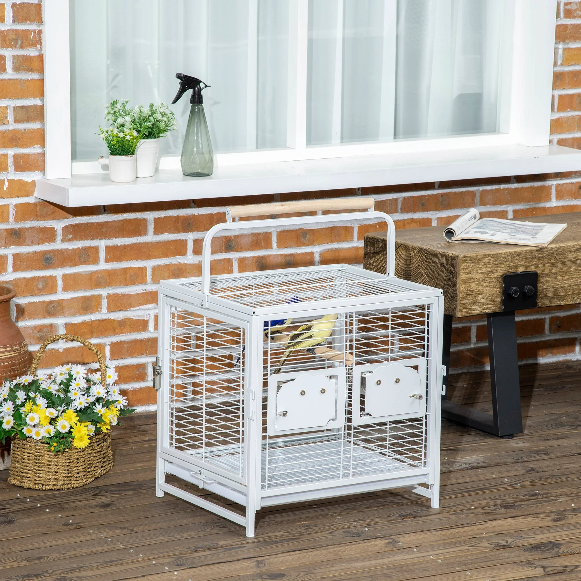 Bird Travel Carrier Cage, With Stand Perch, Stainless Steel Bowls, Pull Out Tray, White - Image 9