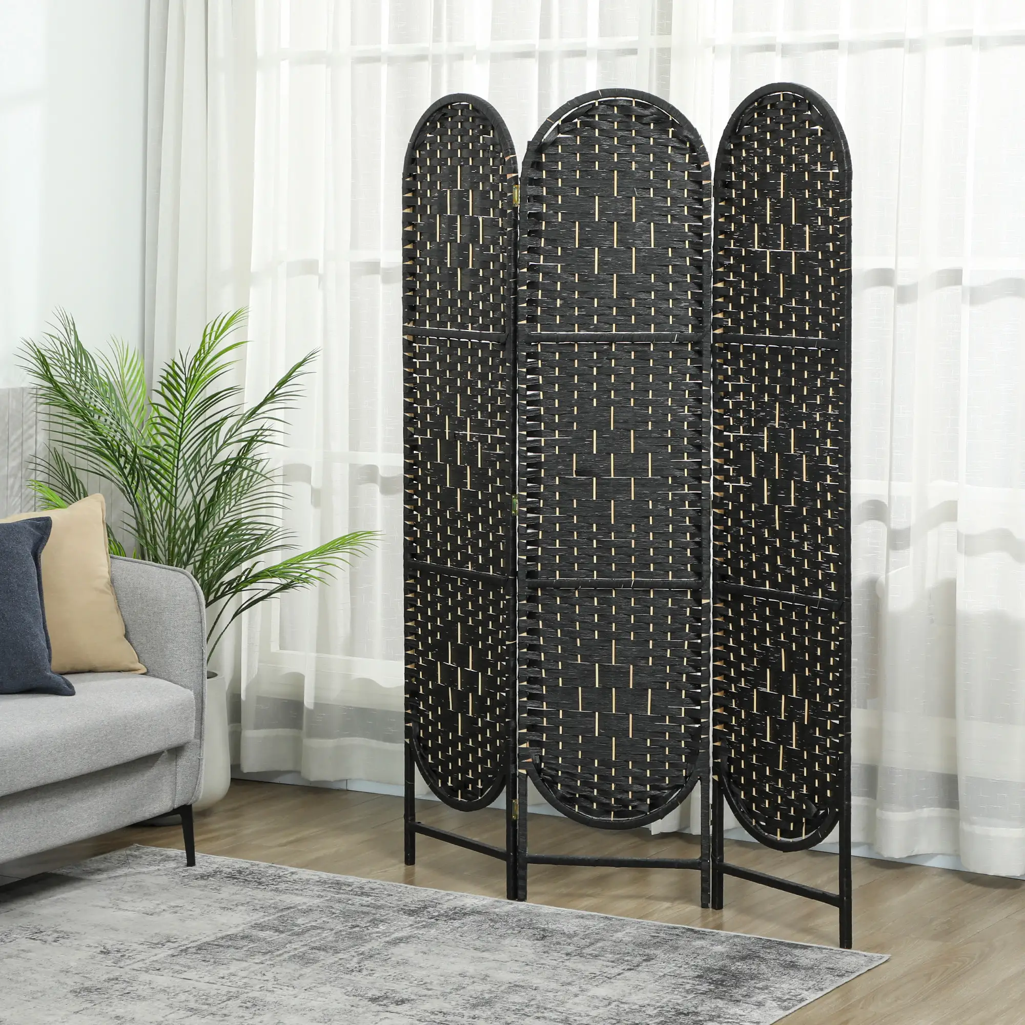 Bohemian Privacy Screen, 3 Panel Folding Room Divider, Arched Top, Black - Image 10