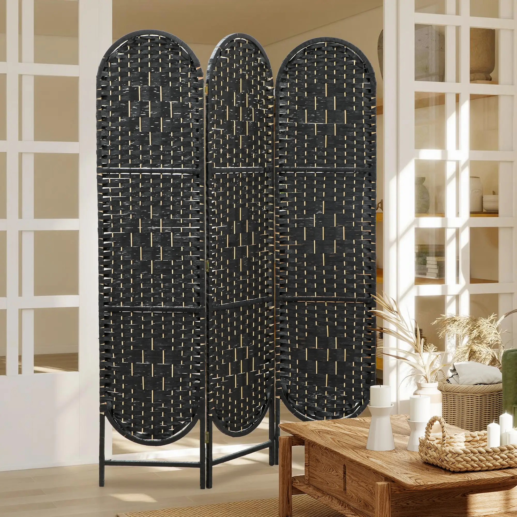 Bohemian Privacy Screen, 3 Panel Folding Room Divider, Arched Top, Black - Image 2