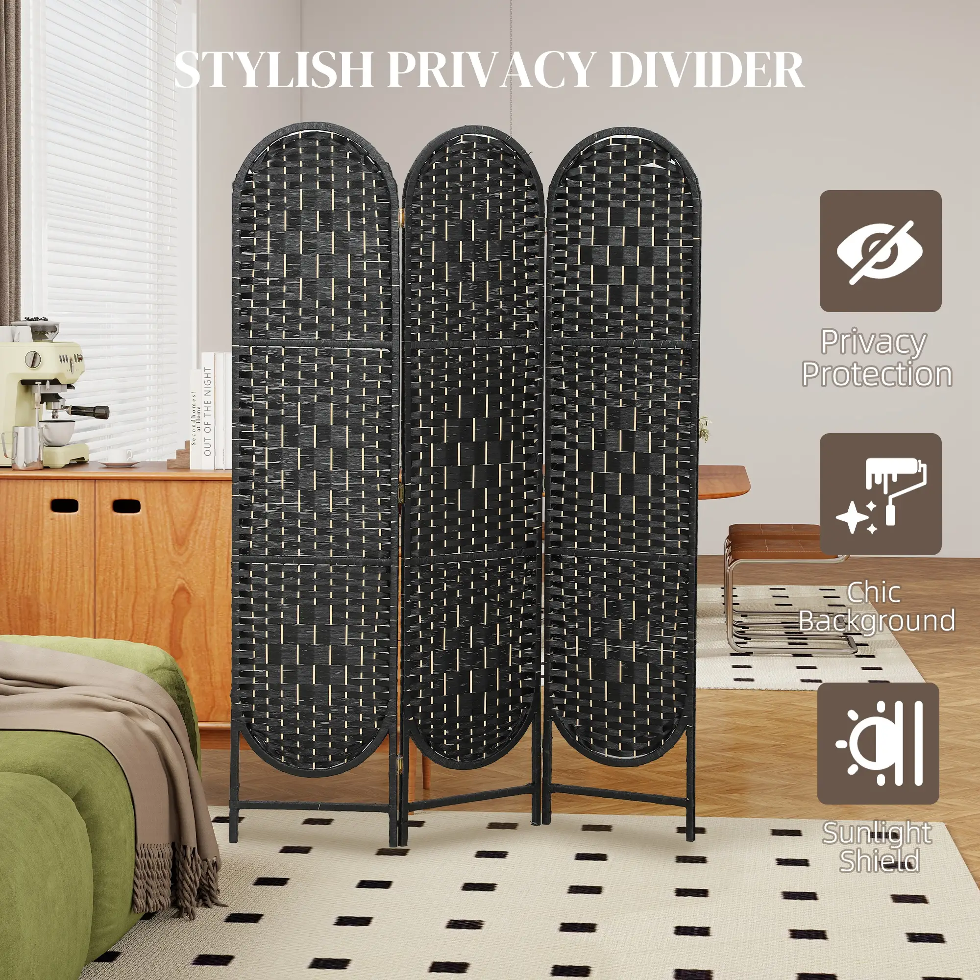 Bohemian Privacy Screen, 3 Panel Folding Room Divider, Arched Top, Black - Image 4