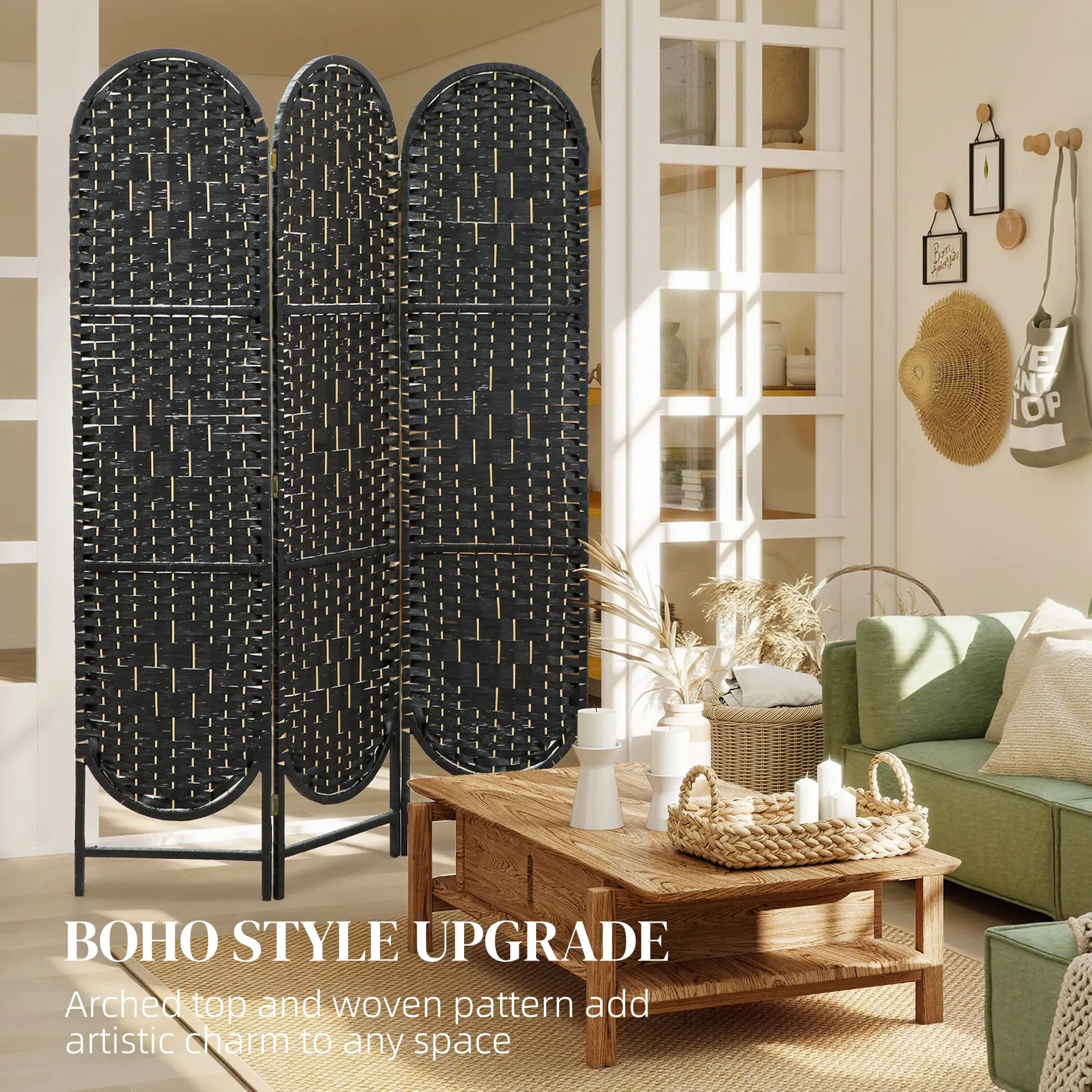 Bohemian Privacy Screen, 3 Panel Folding Room Divider, Arched Top, Black - Image 5