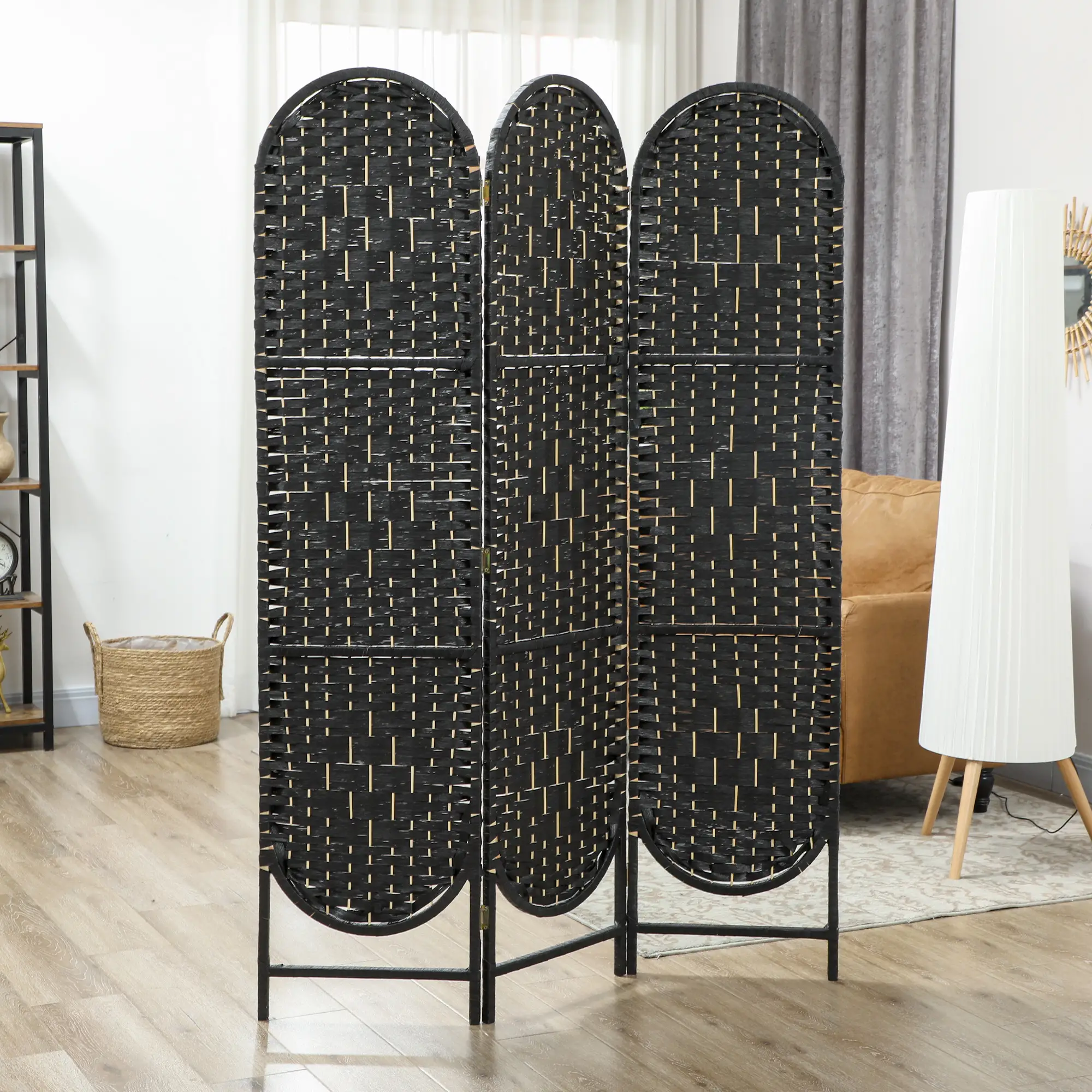 Bohemian Privacy Screen, 3 Panel Folding Room Divider, Arched Top, Black - Image 8