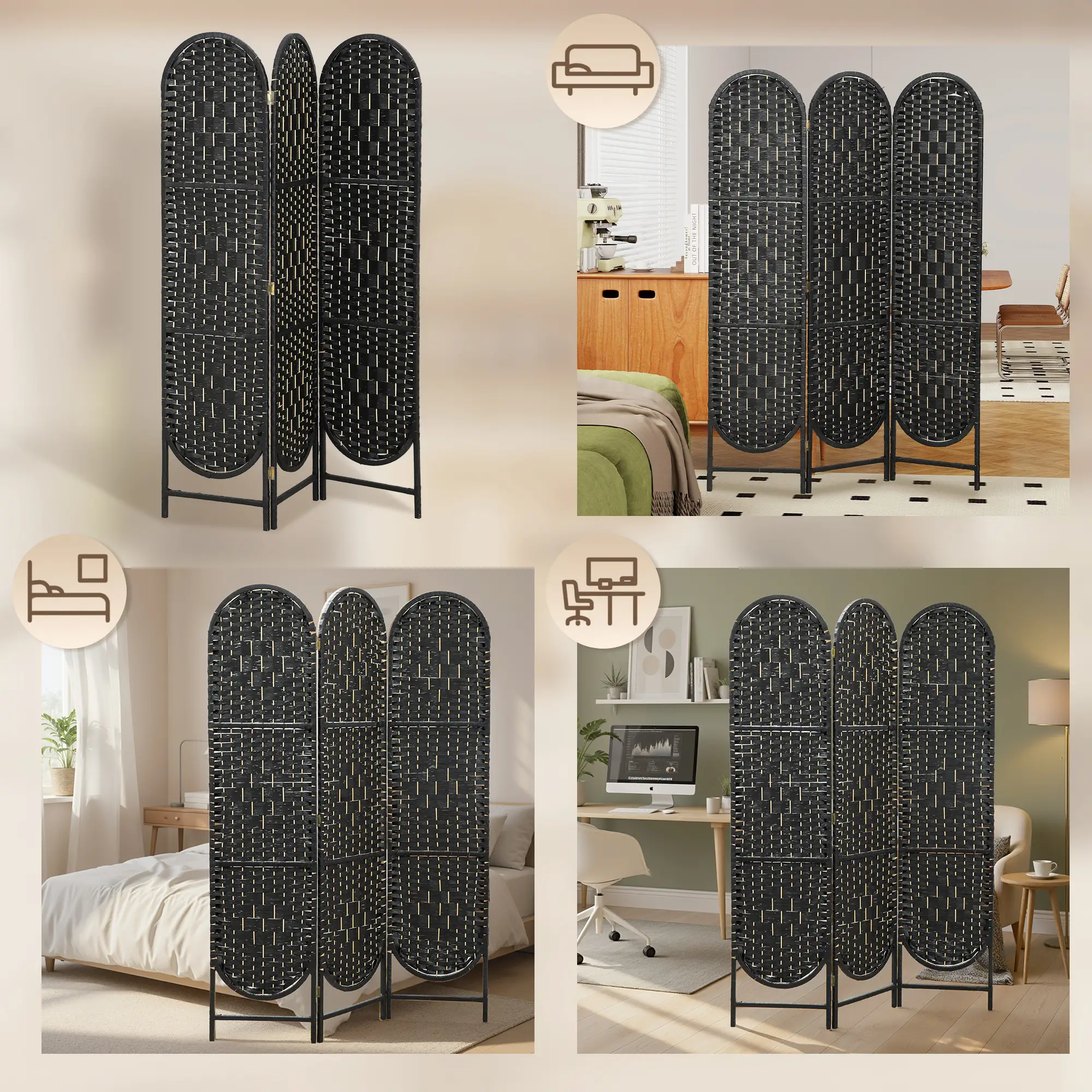 Bohemian Privacy Screen, 3 Panel Folding Room Divider, Arched Top, Black - Image 9