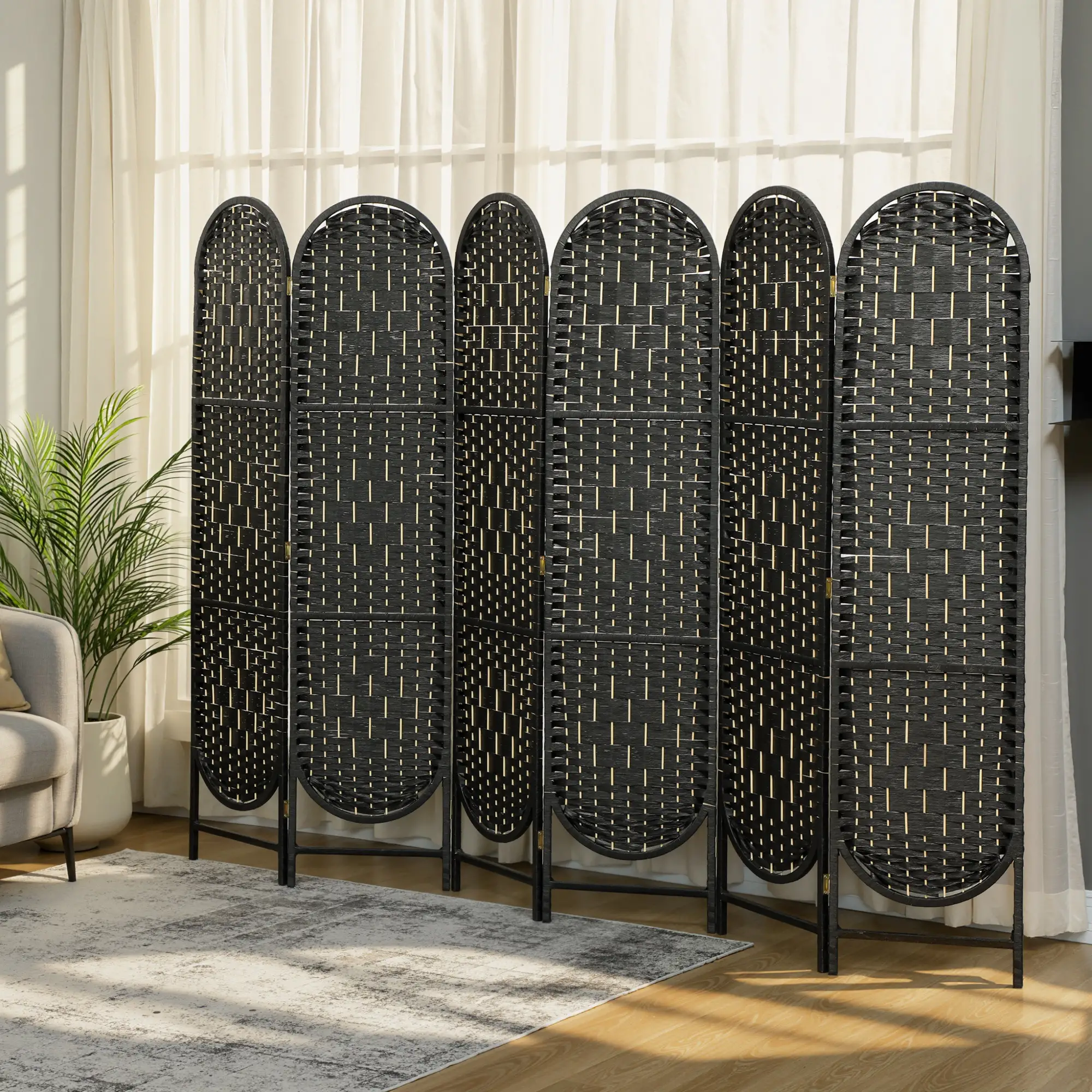 Bohemian Privacy Screen, 6 Panel Folding Room Divider, Arched Top, Black - Image 10