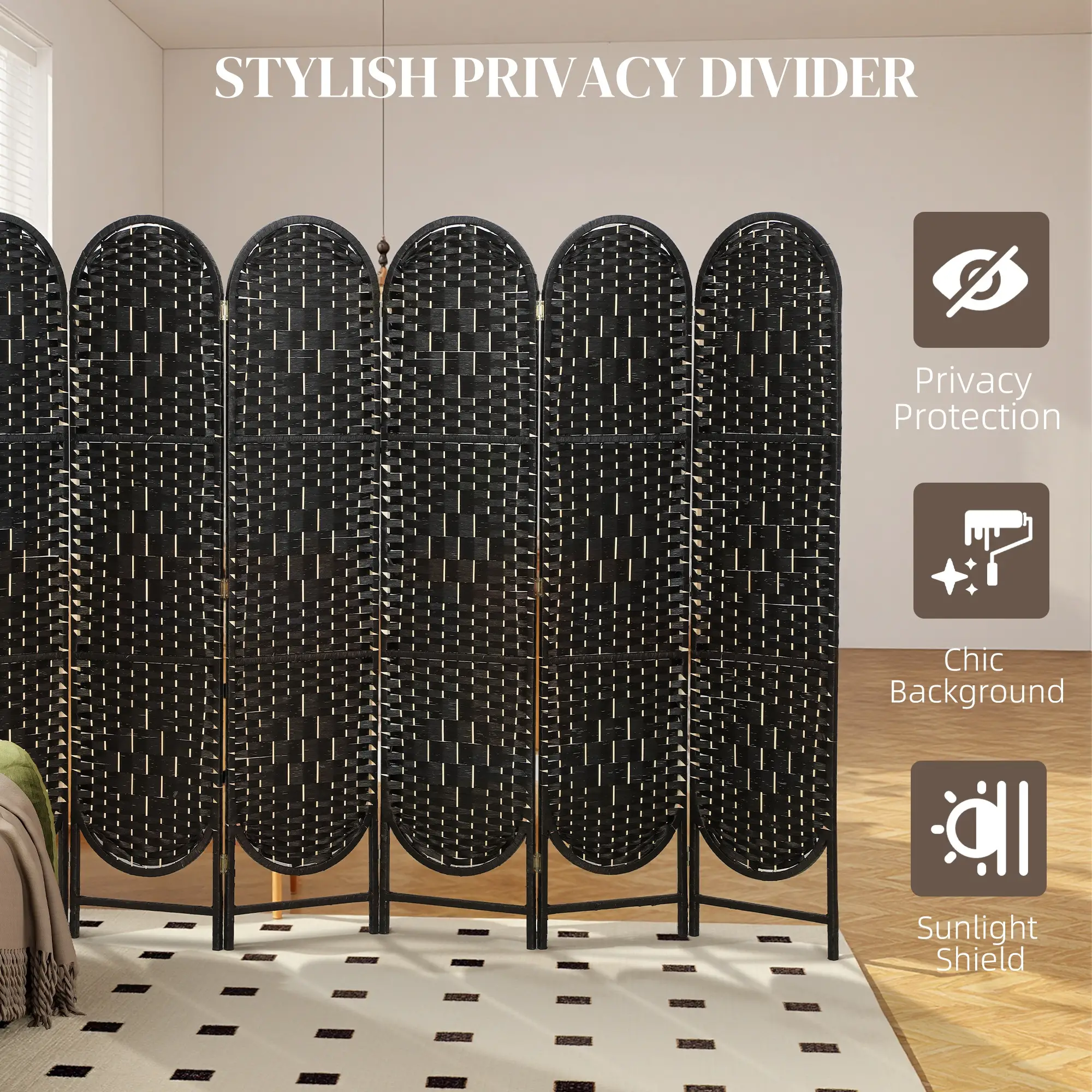 Bohemian Privacy Screen, 6 Panel Folding Room Divider, Arched Top, Black - Image 4