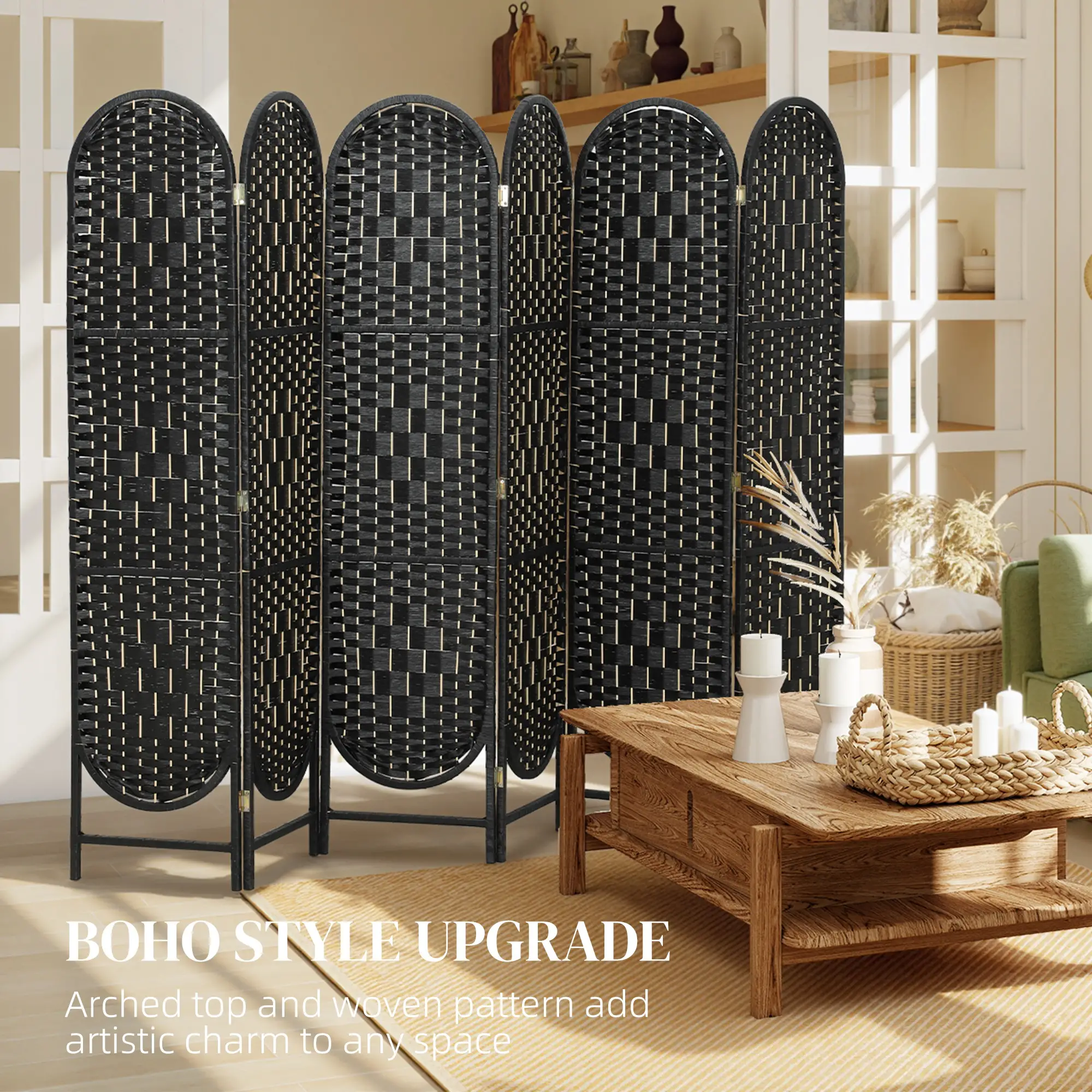 Bohemian Privacy Screen, 6 Panel Folding Room Divider, Arched Top, Black - Image 5