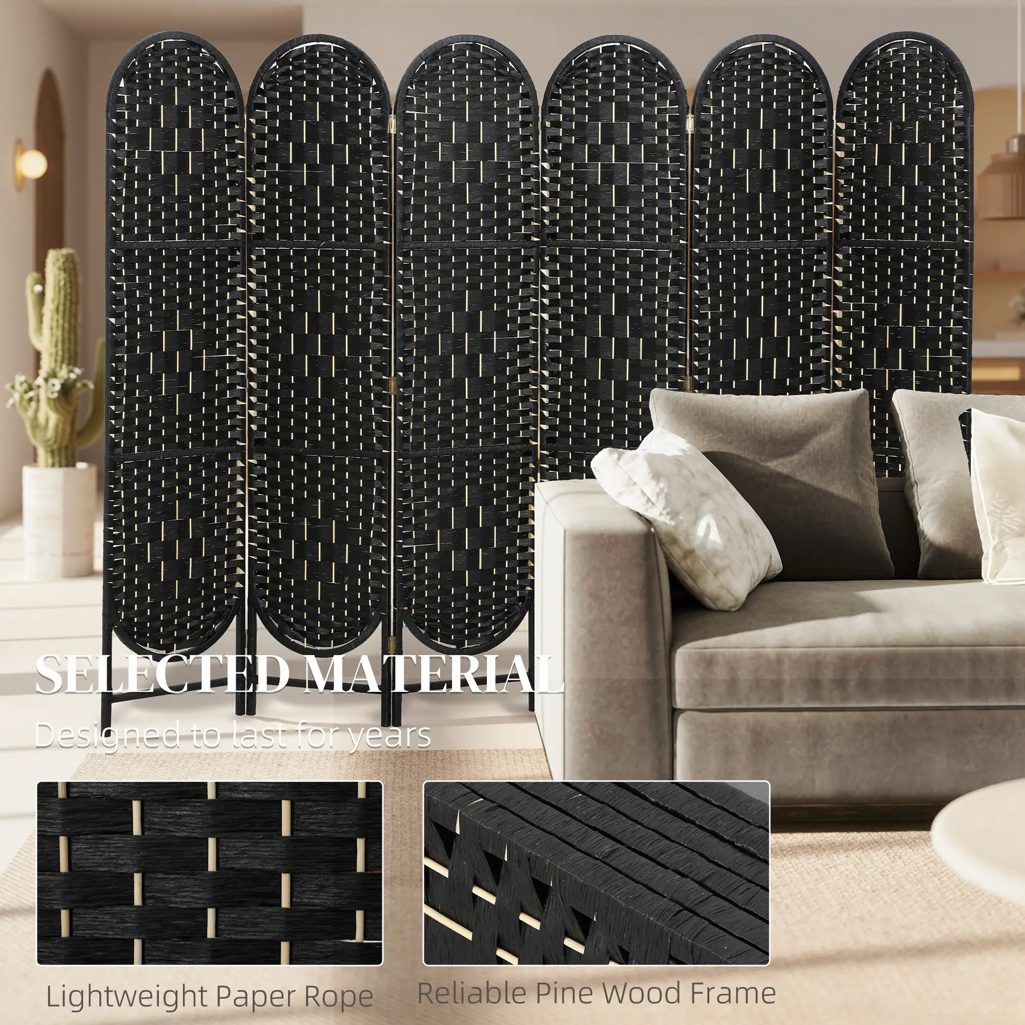 Bohemian Privacy Screen, 6 Panel Folding Room Divider, Arched Top, Black - Image 6