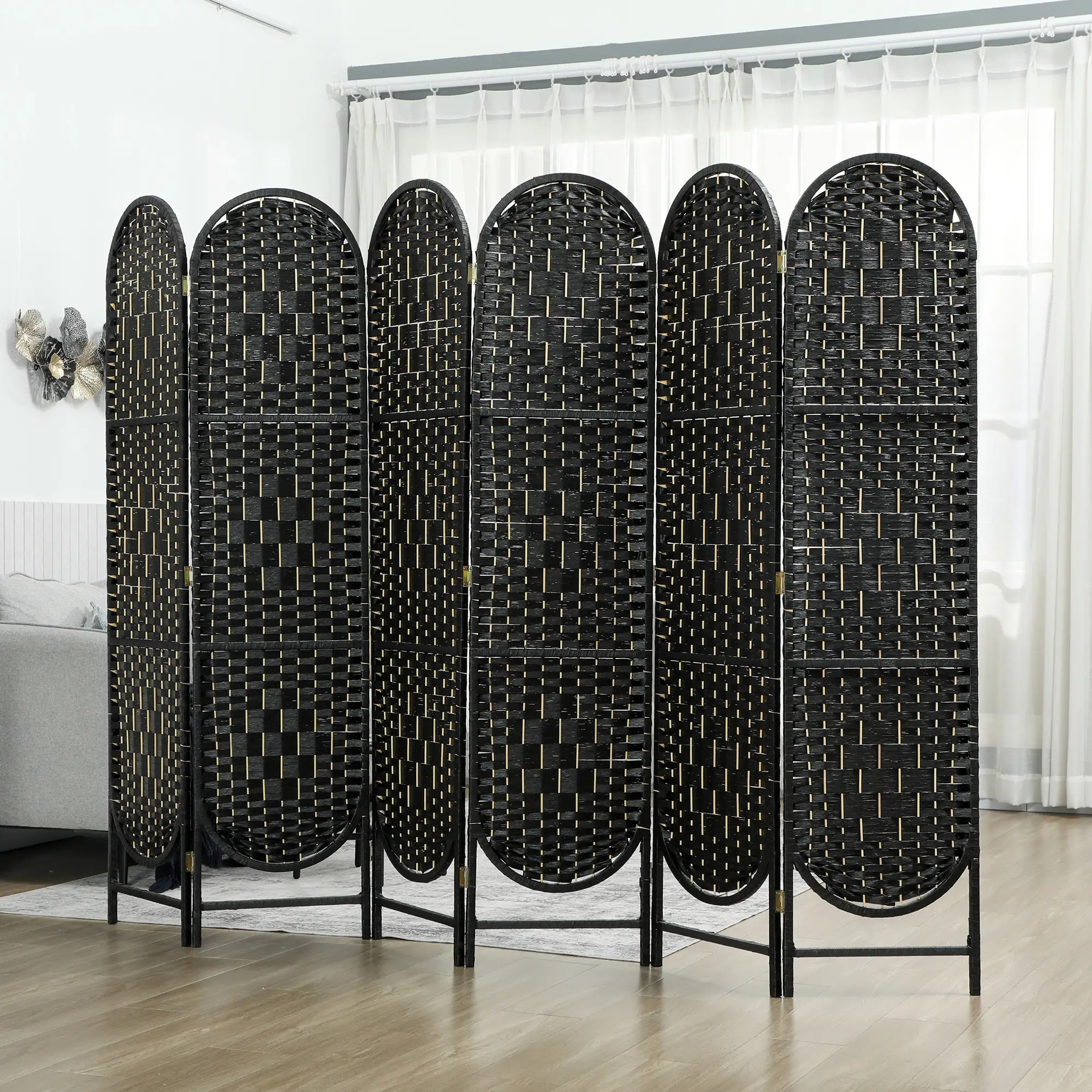Bohemian Privacy Screen, 6 Panel Folding Room Divider, Arched Top, Black - Image 8