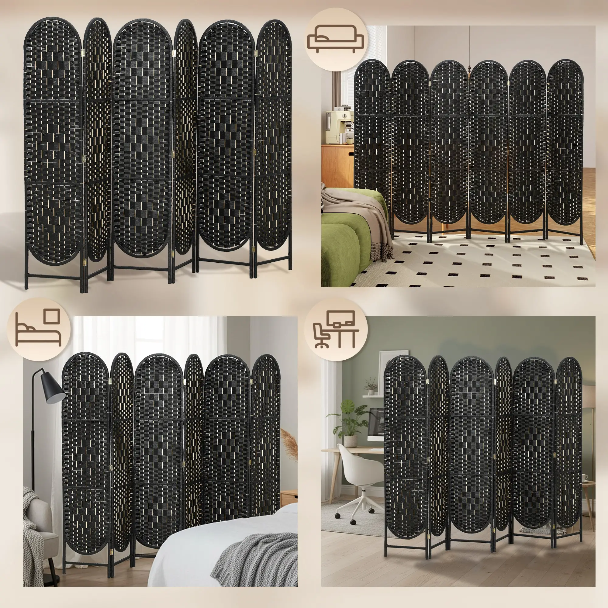 Bohemian Privacy Screen, 6 Panel Folding Room Divider, Arched Top, Black - Image 9