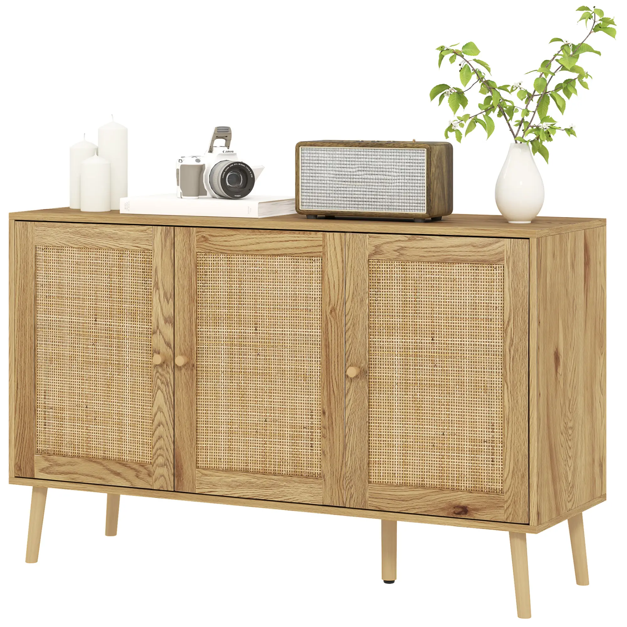 Bohemian Sideboard, Rattan Doors, Adjustable Shelf, Natural Wood