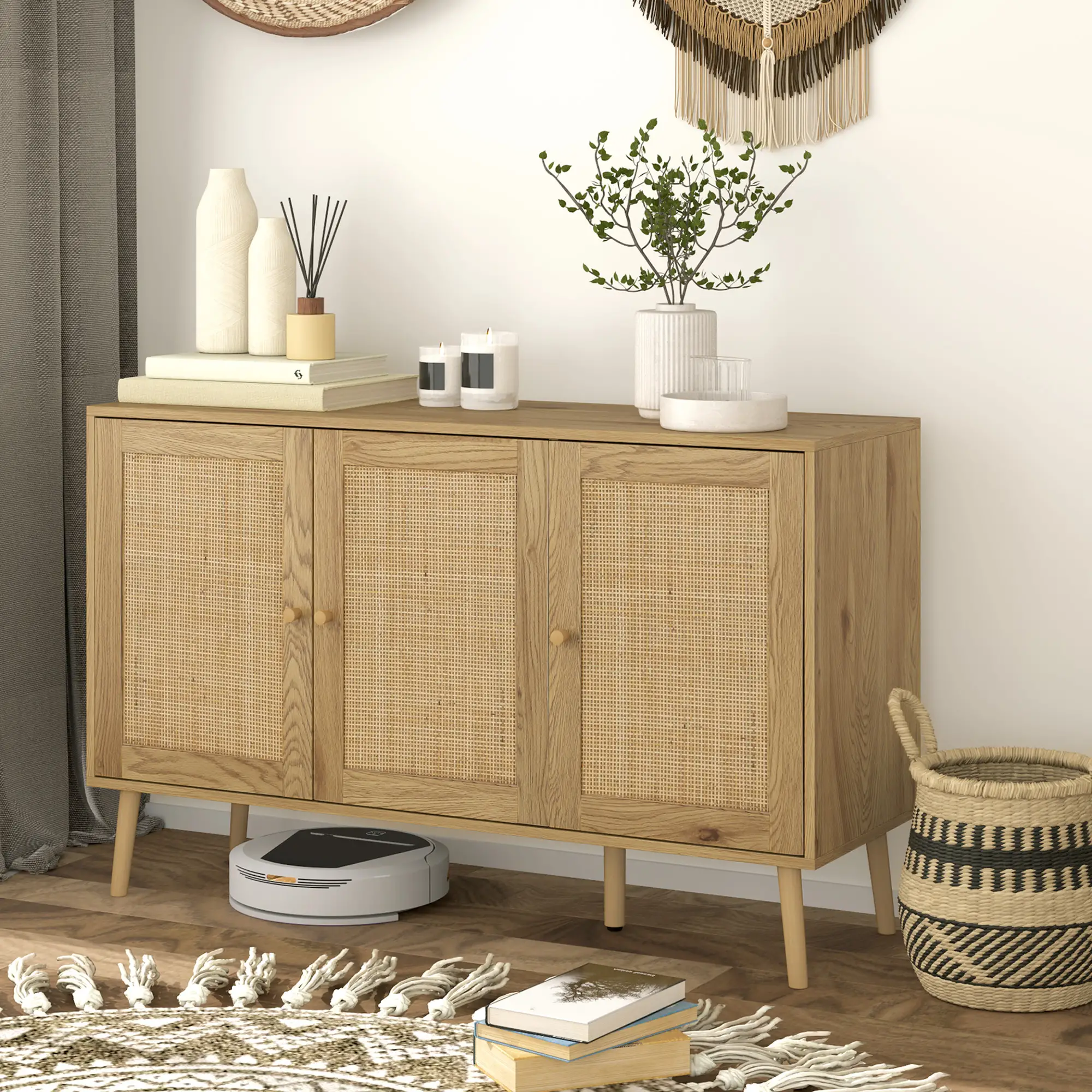 Bohemian Sideboard, Rattan Doors, Adjustable Shelf, Natural Wood - Image 2
